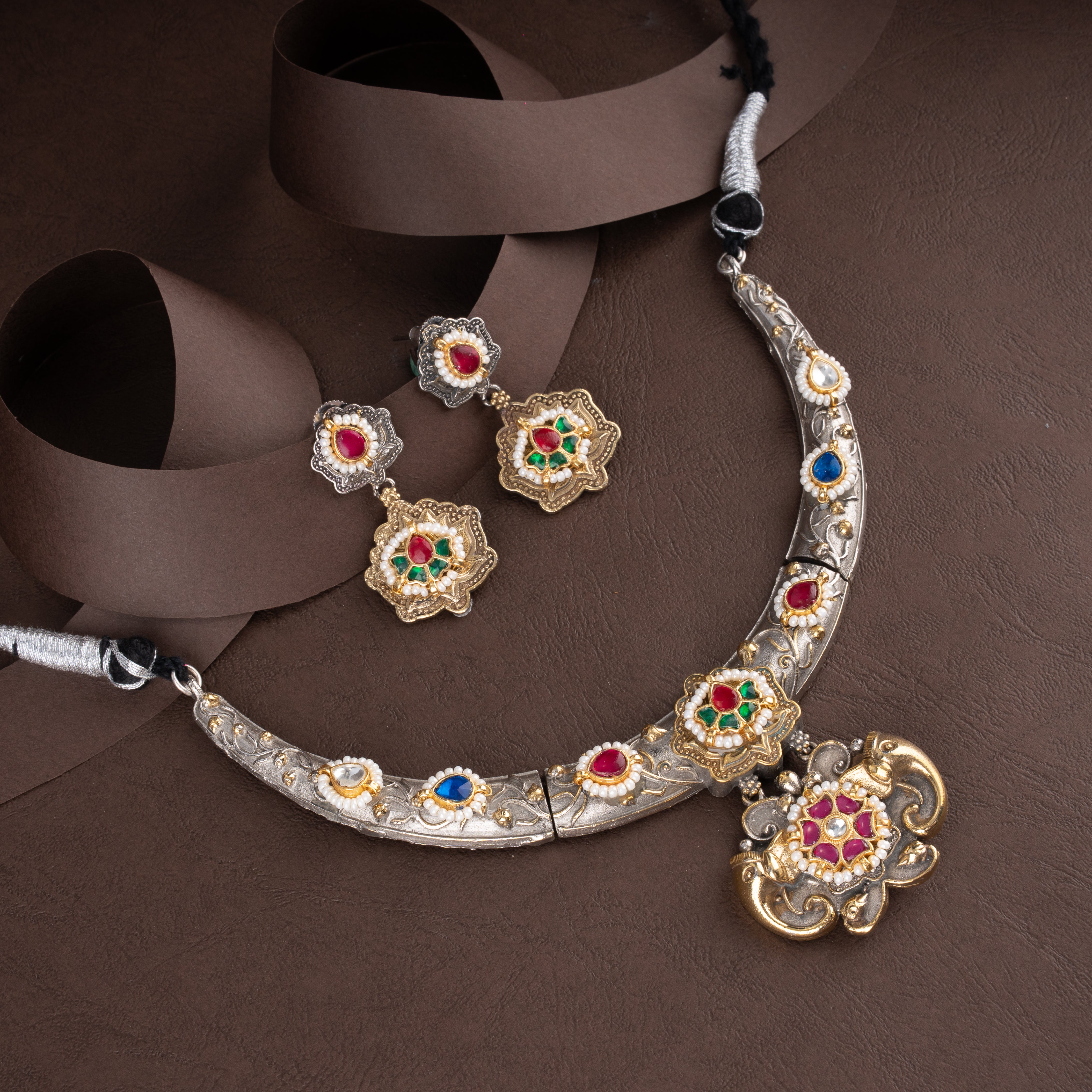 Oxidised Royal Elephant Medallion Hasli Collar Necklace Set with Kundan Floral Drops