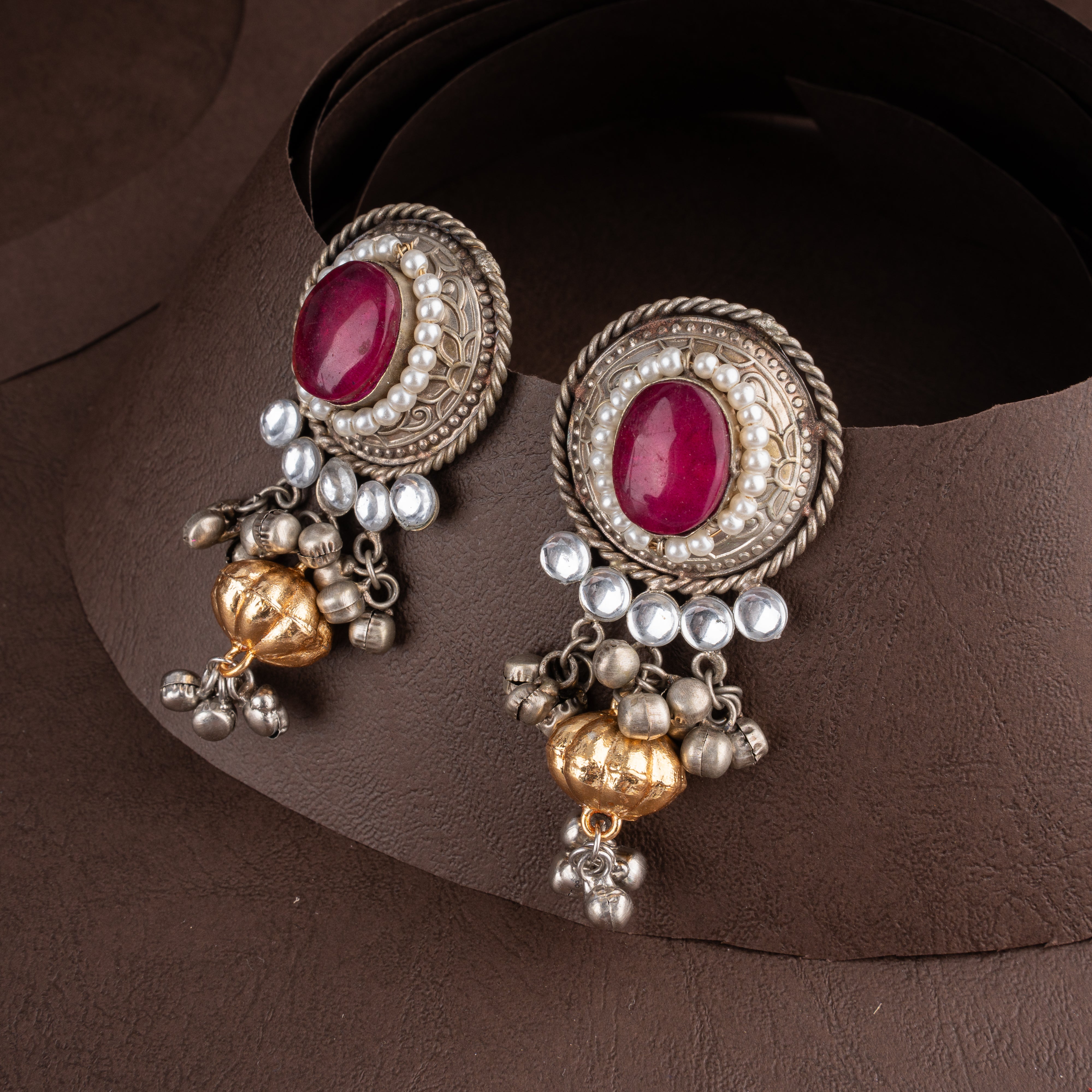 Oxidised Kundan Navratna-Inspired Choker Necklace Set with Cabochon Stones, Ghungroos, and Drop Earrings