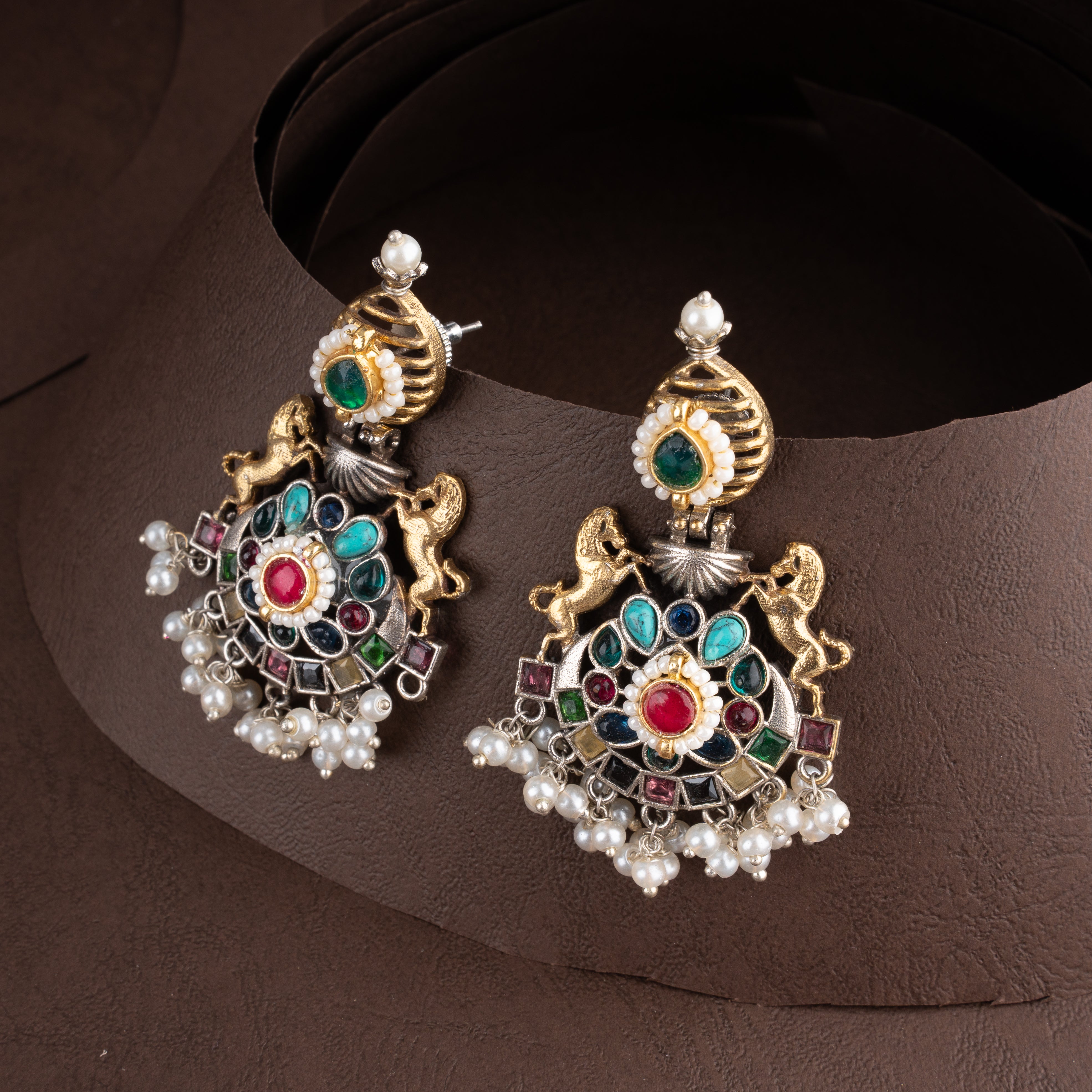 Oxidised Royal Horse Medallion Hasli Necklace Set with Navratan Kundan & Pearls