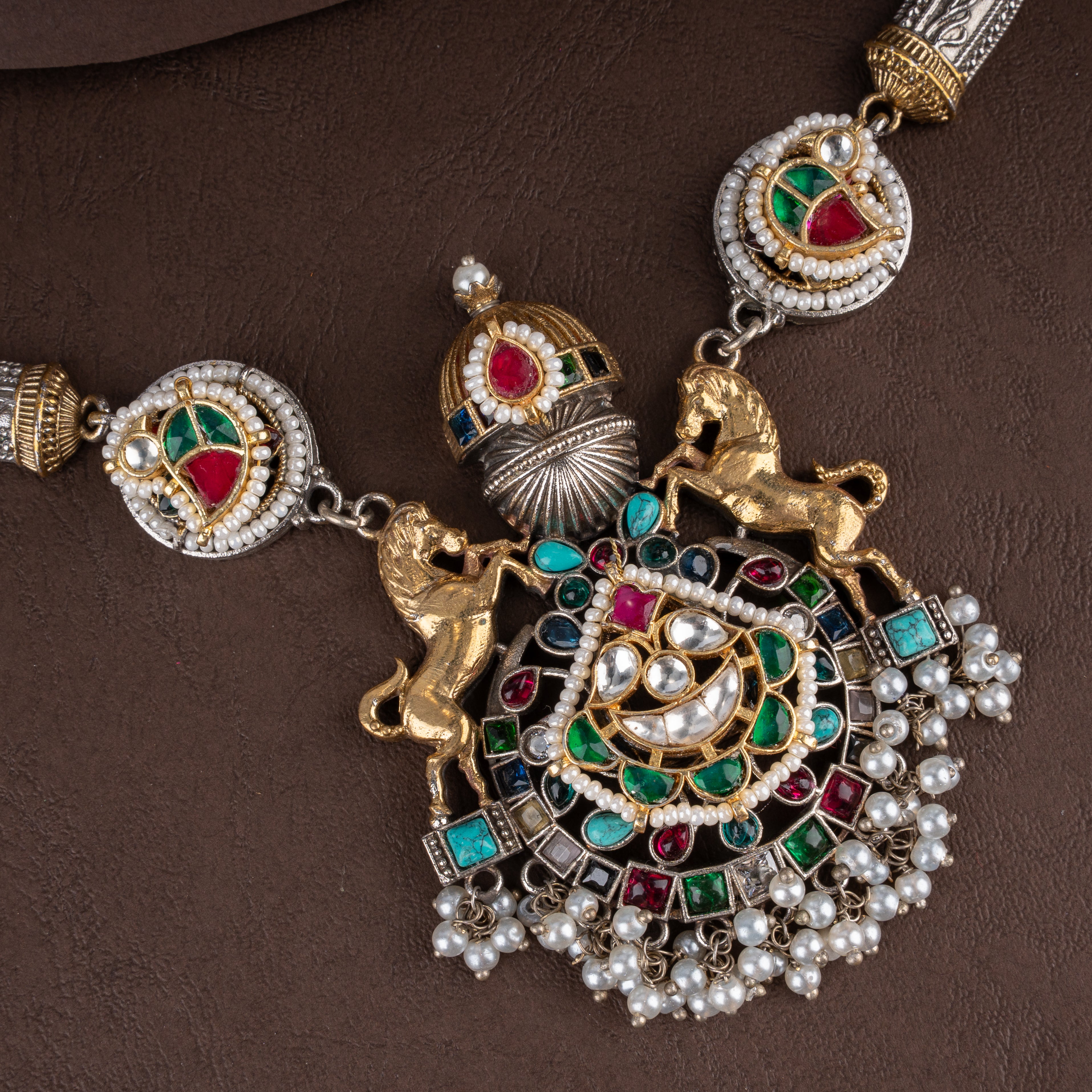 Oxidised Royal Horse Medallion Hasli Necklace Set with Navratan Kundan & Pearls