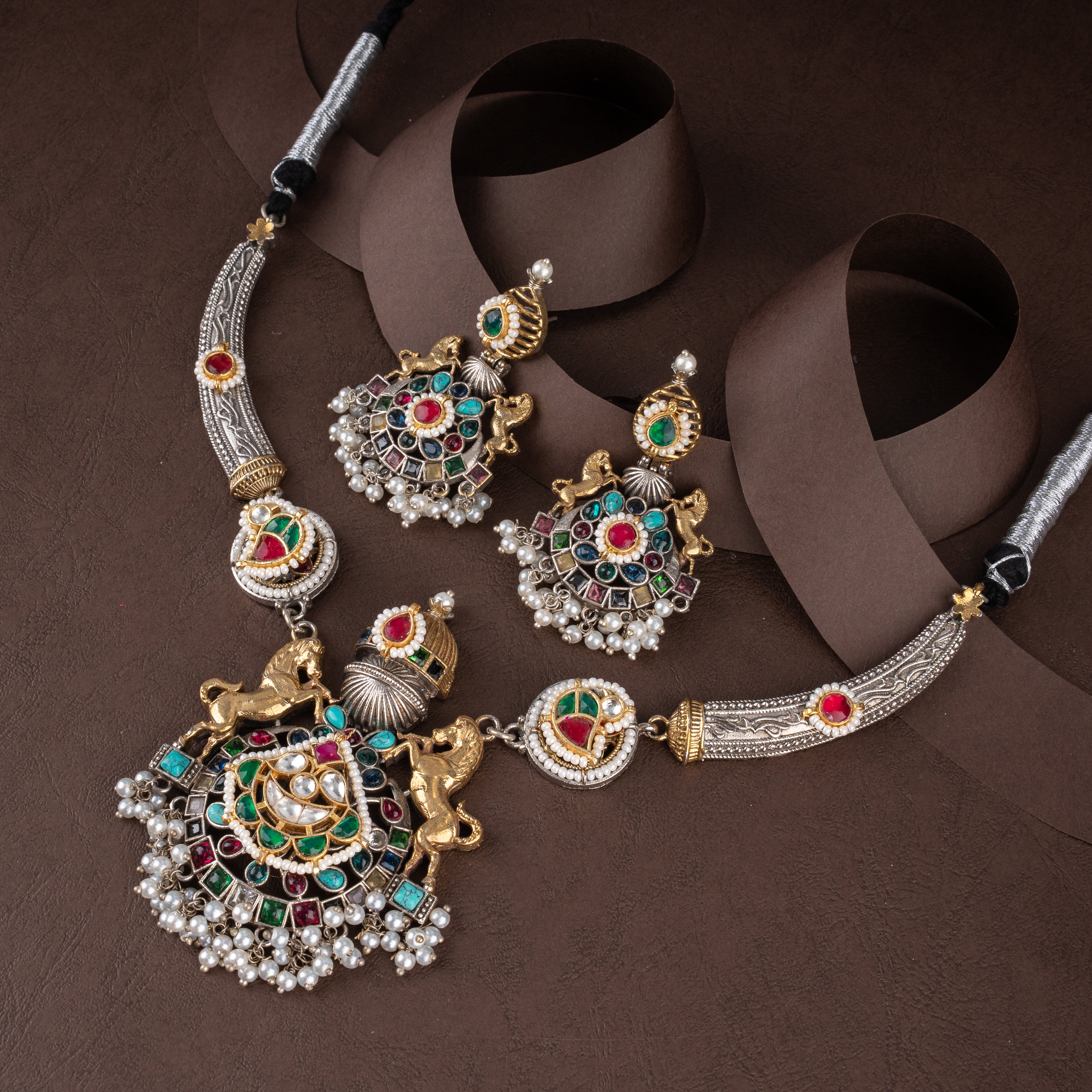 Oxidised Royal Horse Medallion Hasli Necklace Set with Navratan Kundan & Pearls