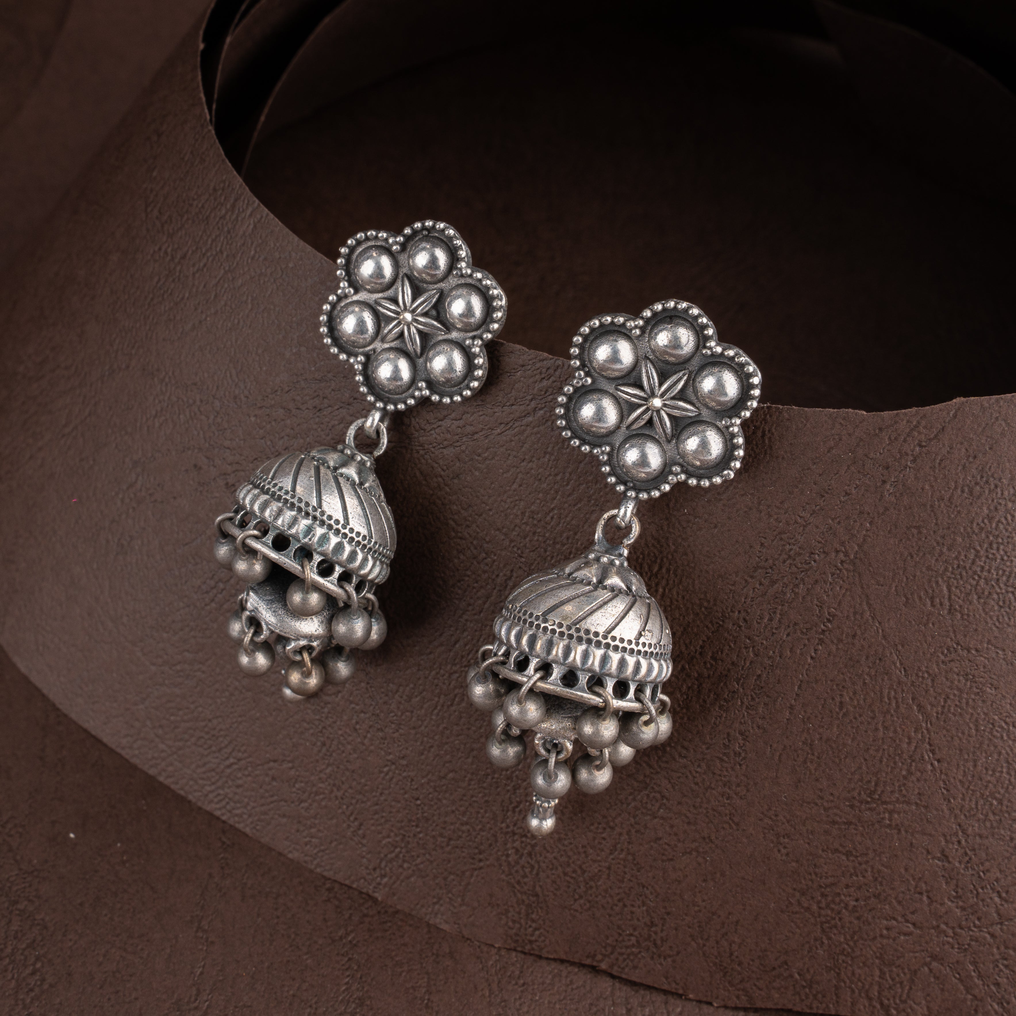 Oxidised Sculptural Dancing Apsara Hasli Collar Necklace Set with Floral Jhumki Earrings