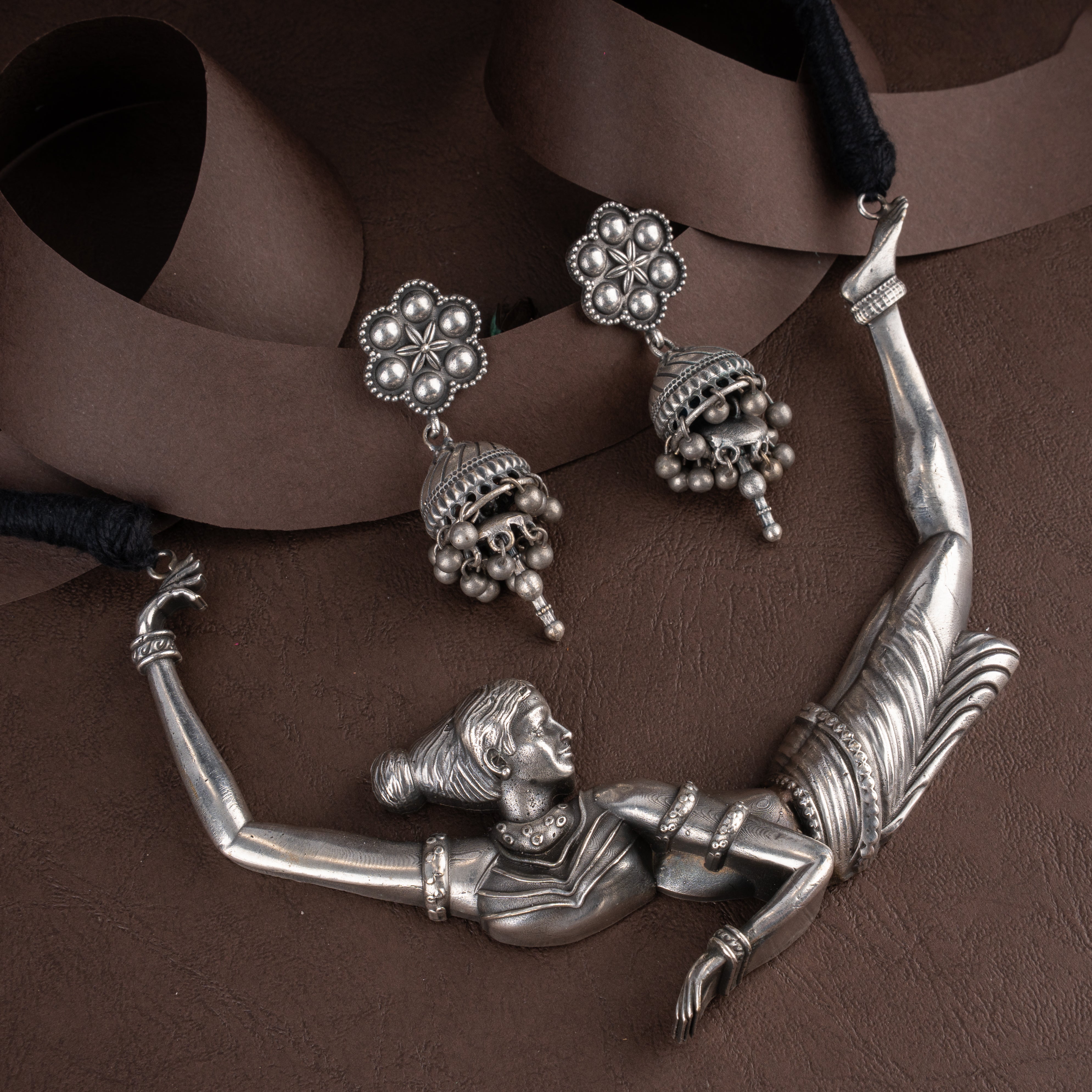 Oxidised Sculptural Dancing Apsara Hasli Collar Necklace Set with Floral Jhumki Earrings