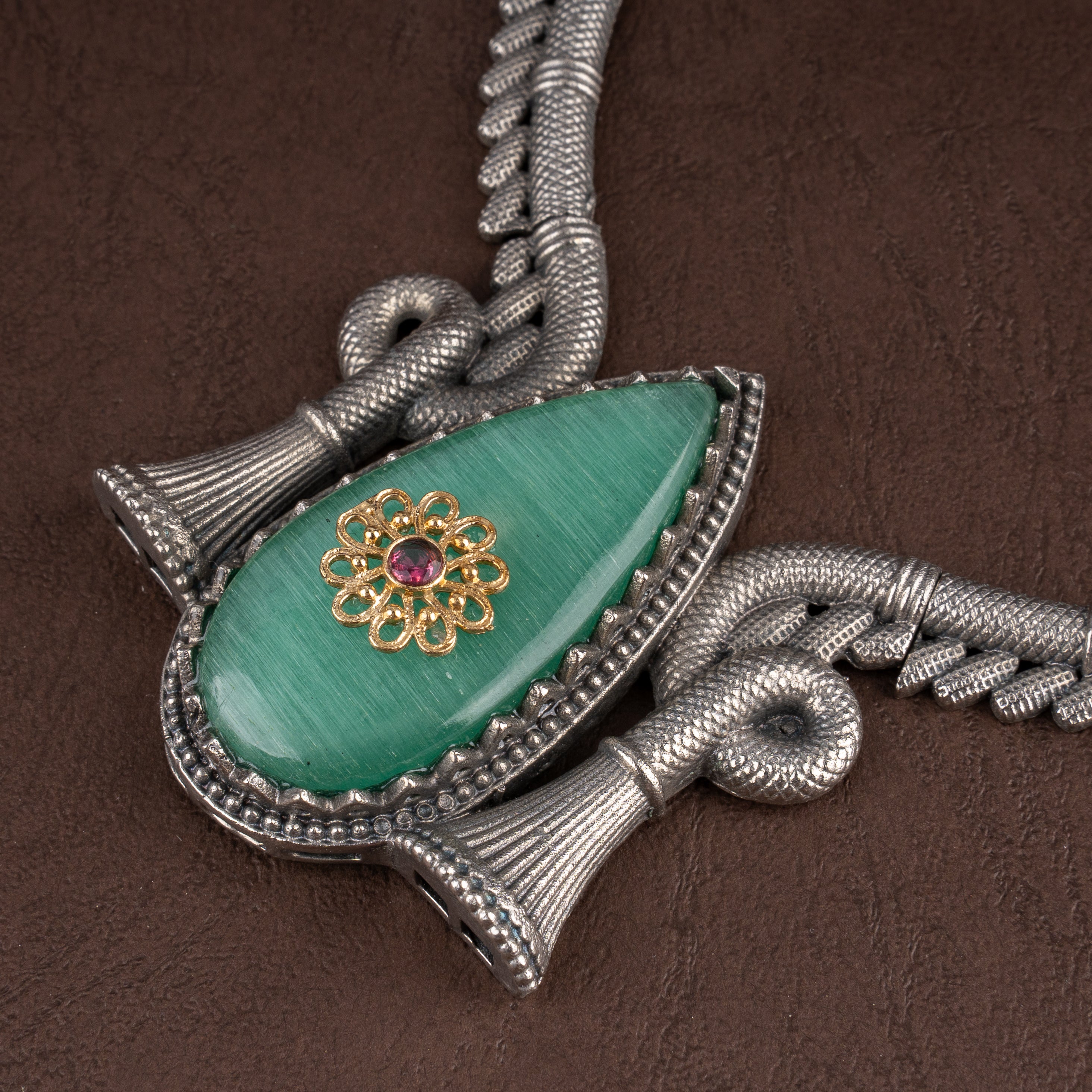 Oxidised Sculpted Hasli Collar Necklace Set with Mint Green Stone and Drop Earrings