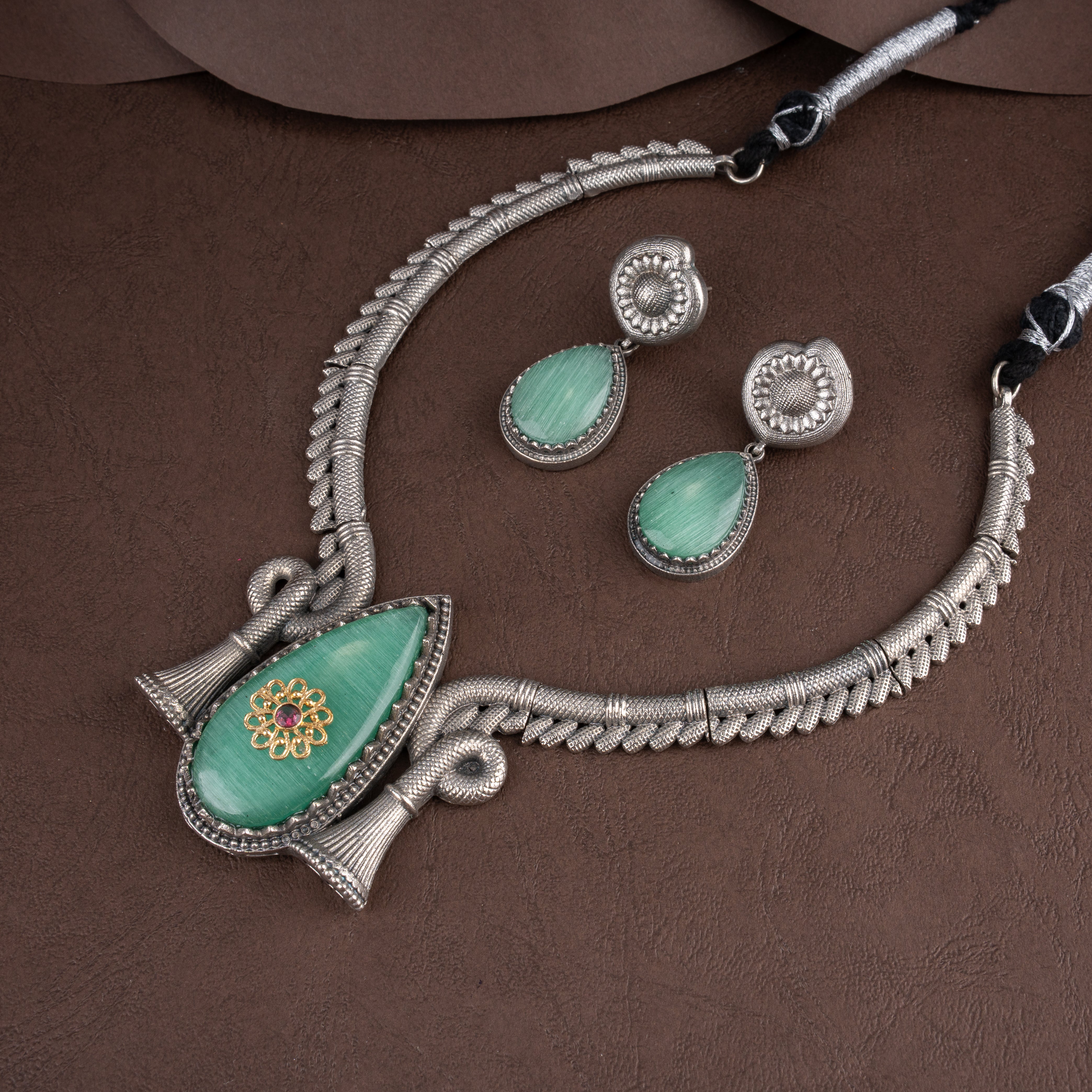Oxidised Sculpted Hasli Collar Necklace Set with Mint Green Stone and Drop Earrings