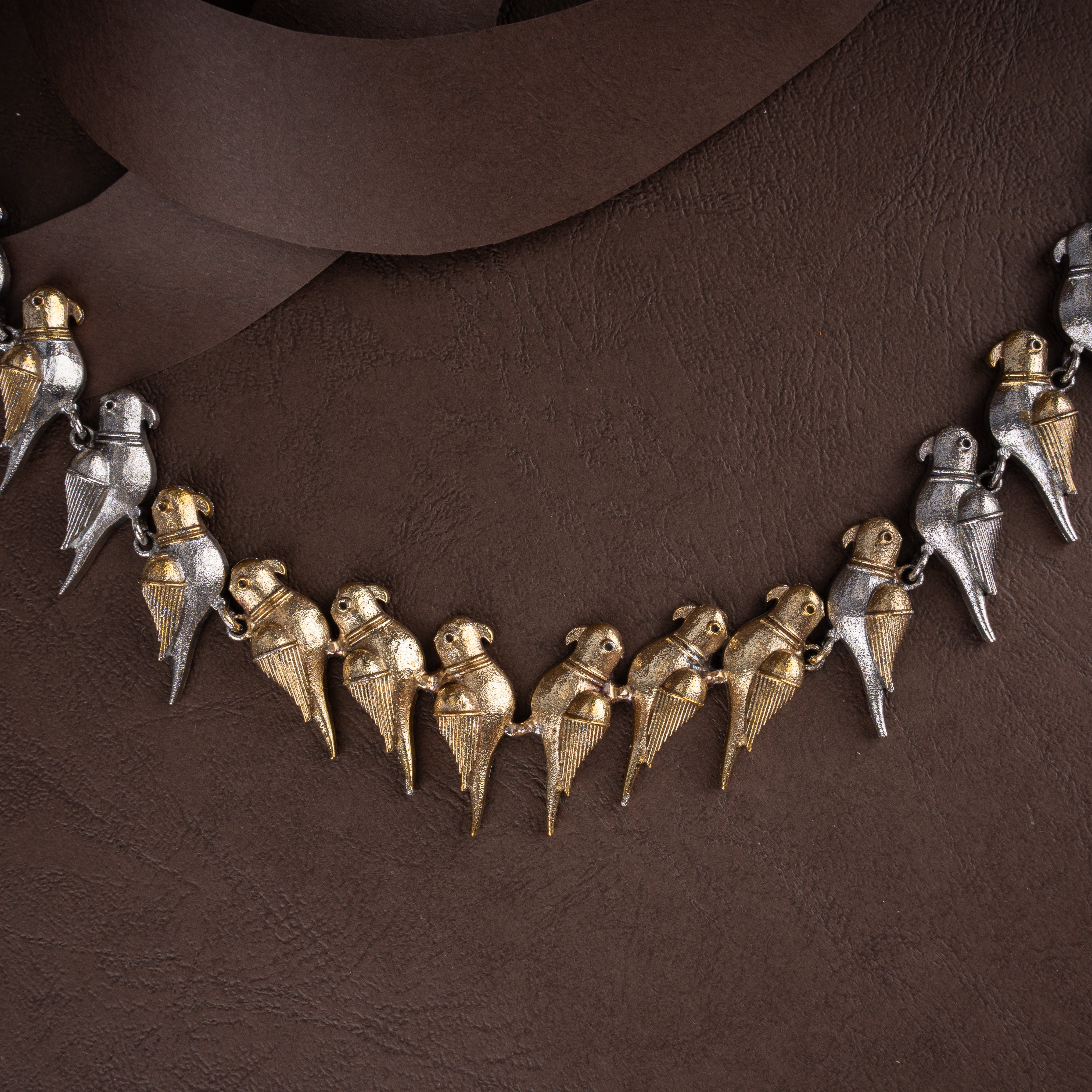 Dual-Tone Sculpted Perched Parrot Choker Necklace Set with Pearl Cluster Stud Earrings
