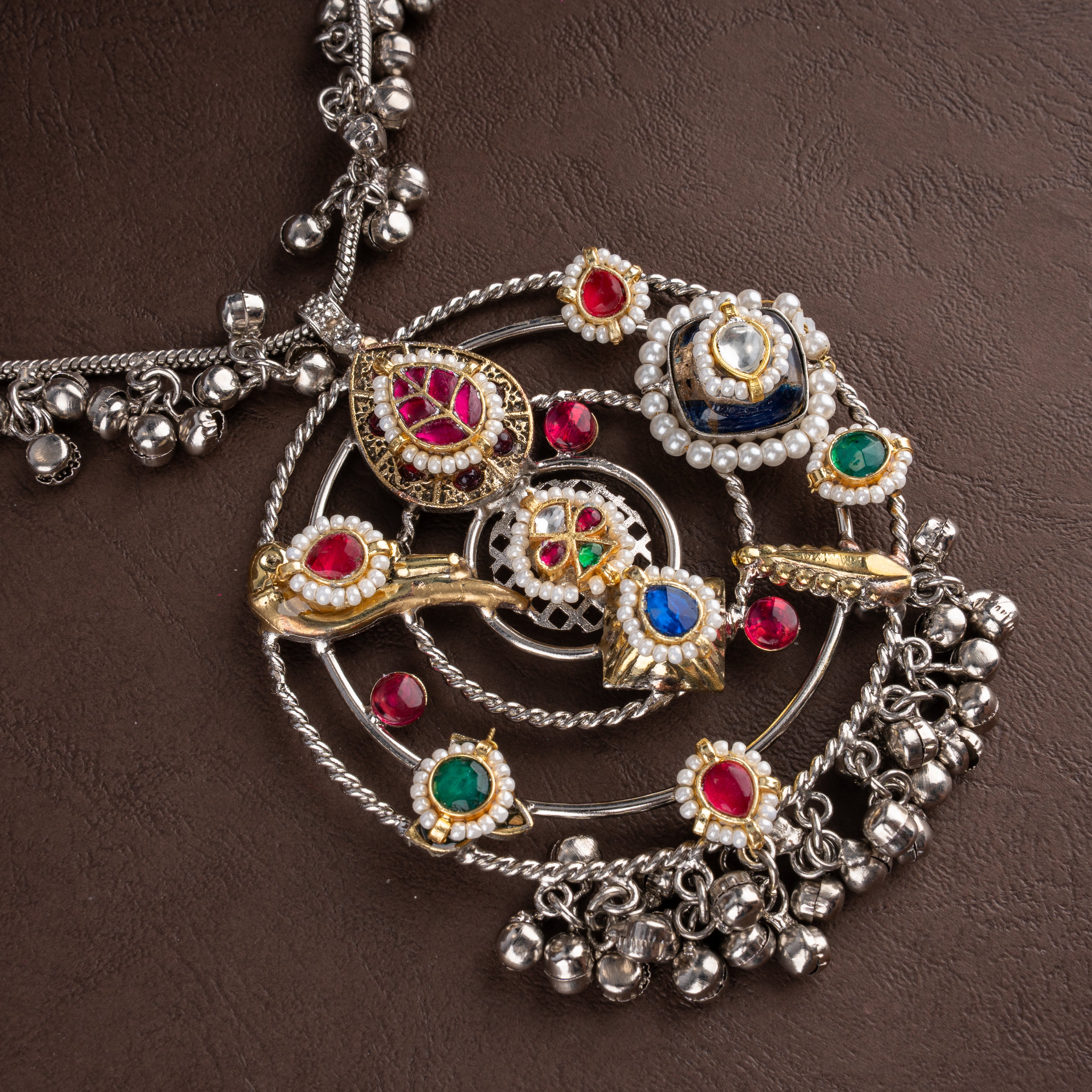Dual-Tone Multi-Color Kundan Openwork Hoop Pendant Necklace Set with Ghungroo Bells and Bird Stud Earrings