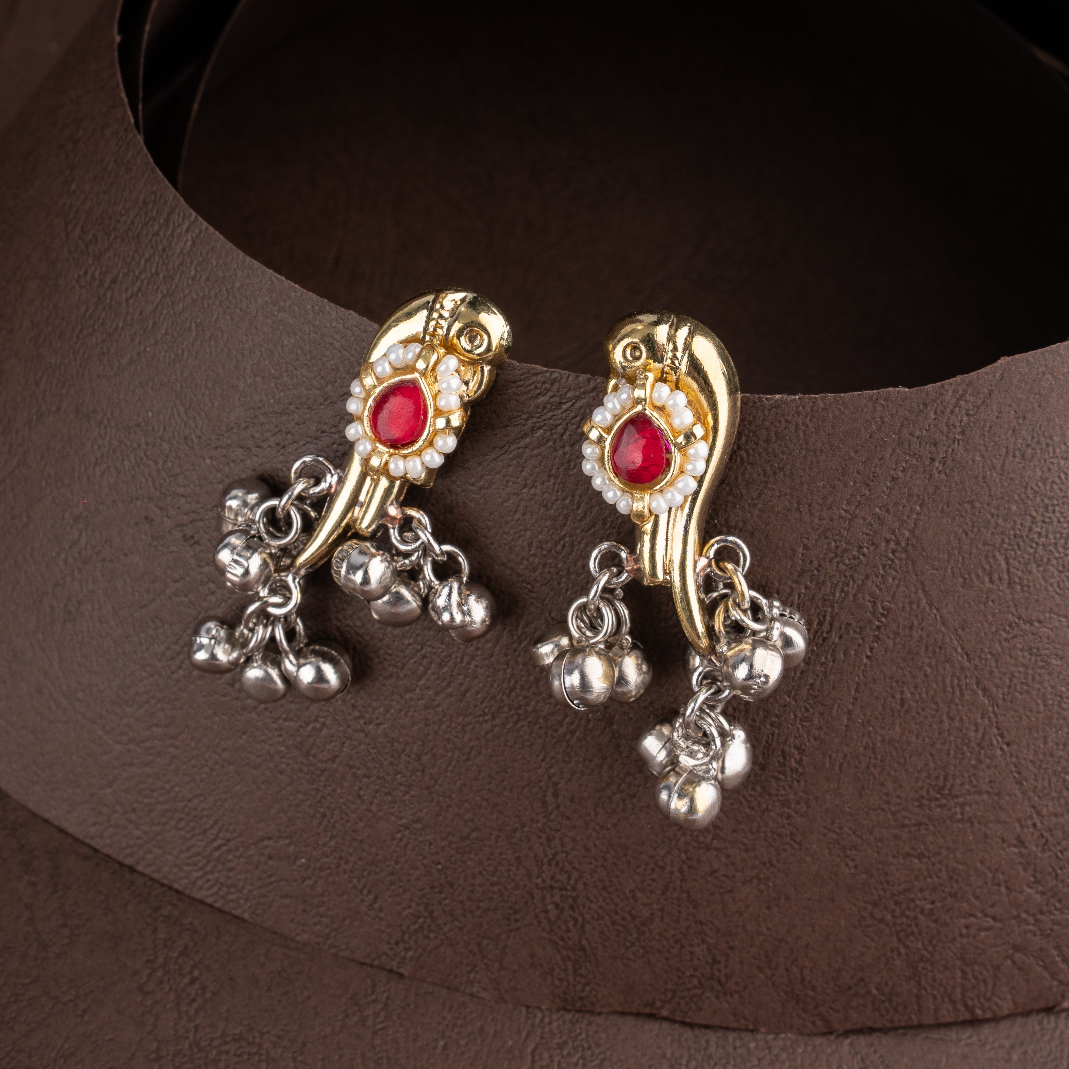 Dual-Tone Multi-Color Kundan Openwork Hoop Pendant Necklace Set with Ghungroo Bells and Bird Stud Earrings