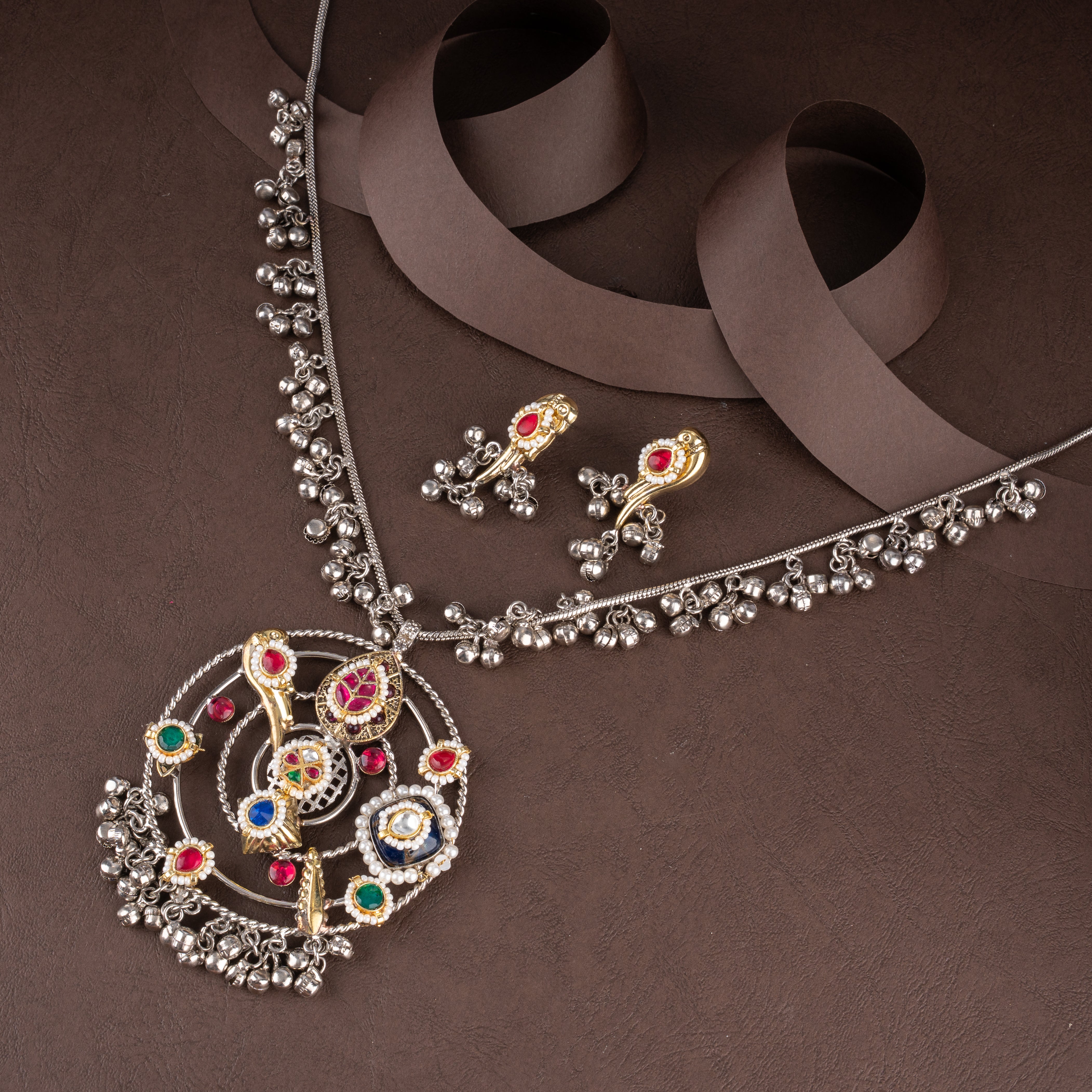 Dual-Tone Multi-Color Kundan Openwork Hoop Pendant Necklace Set with Ghungroo Bells and Bird Stud Earrings