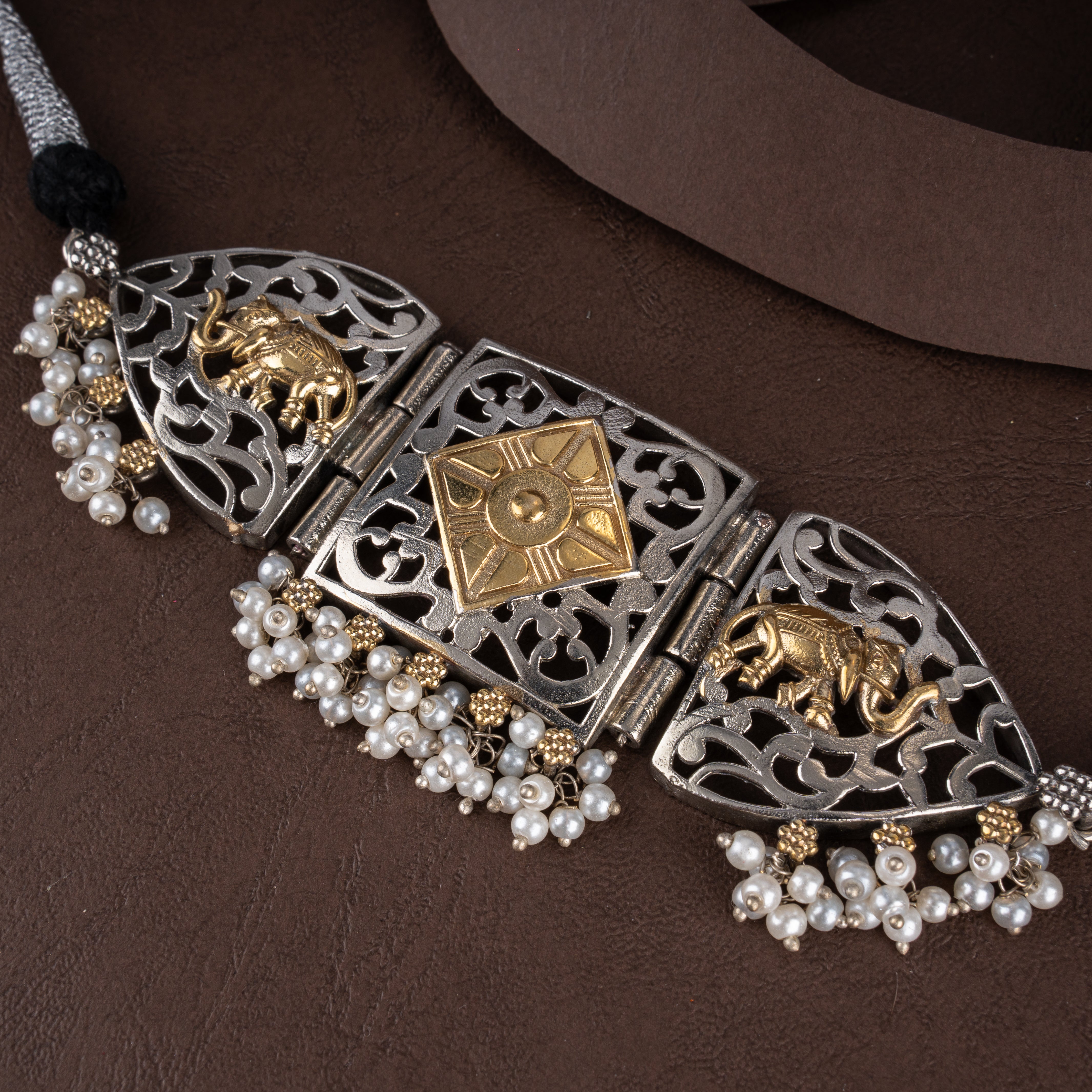 Dual-Tone Filigree Royal Elephant Choker Necklace Set with Seed Pearl Clusters