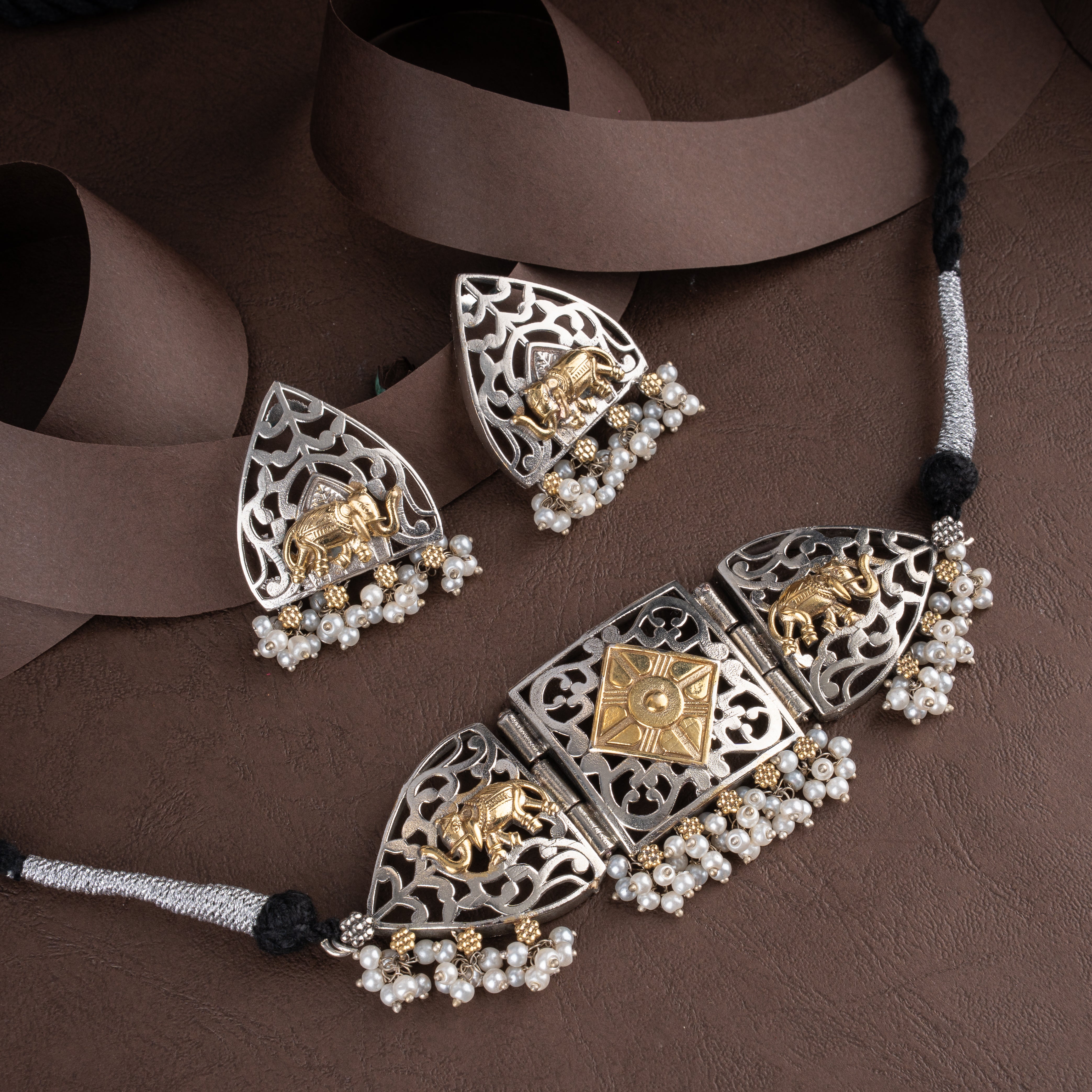 Dual-Tone Filigree Royal Elephant Choker Necklace Set with Seed Pearl Clusters