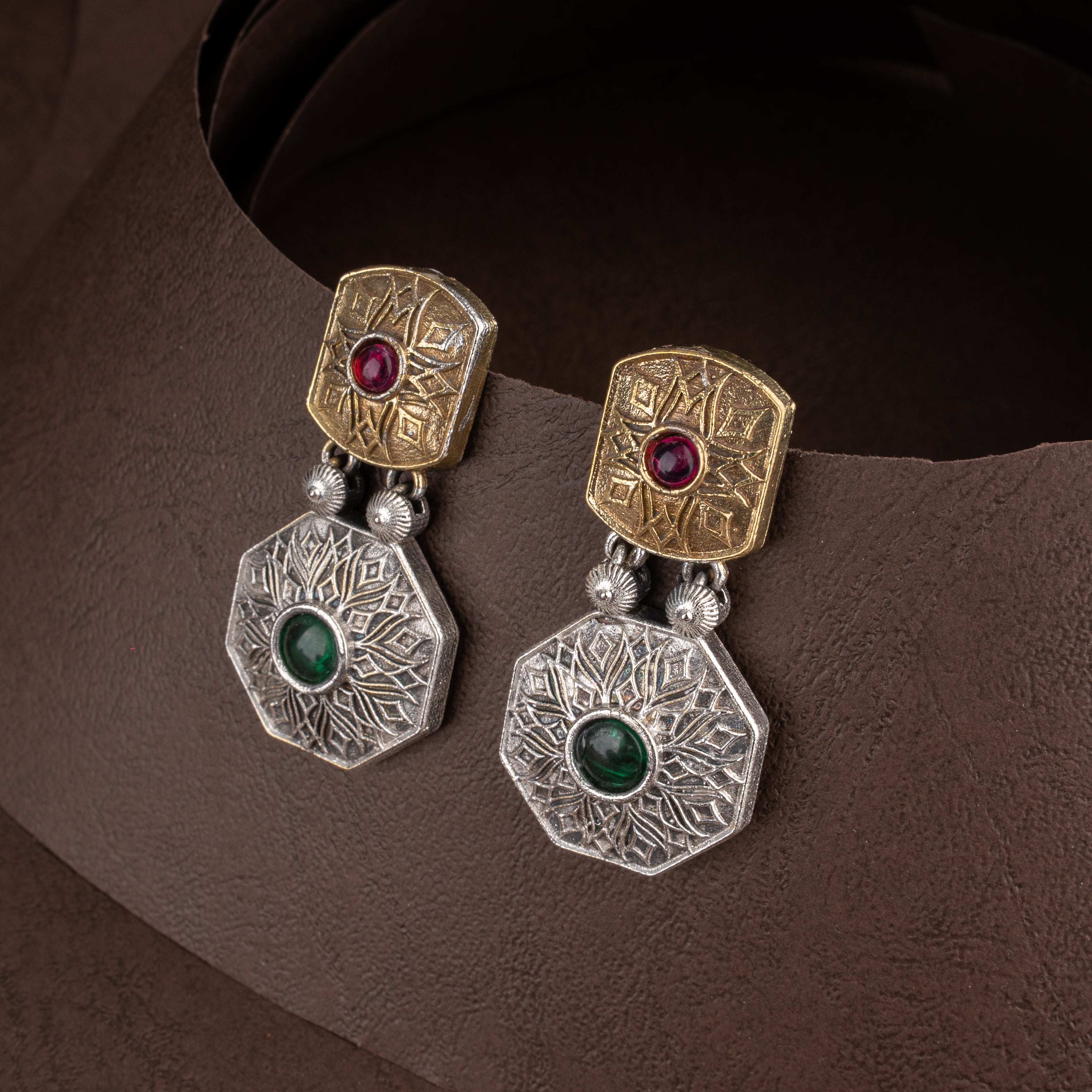 Dual-Tone Geometric Octagonal Medallion Choker Necklace Set with Ruby and Emerald Cabochons and Drop Earrings