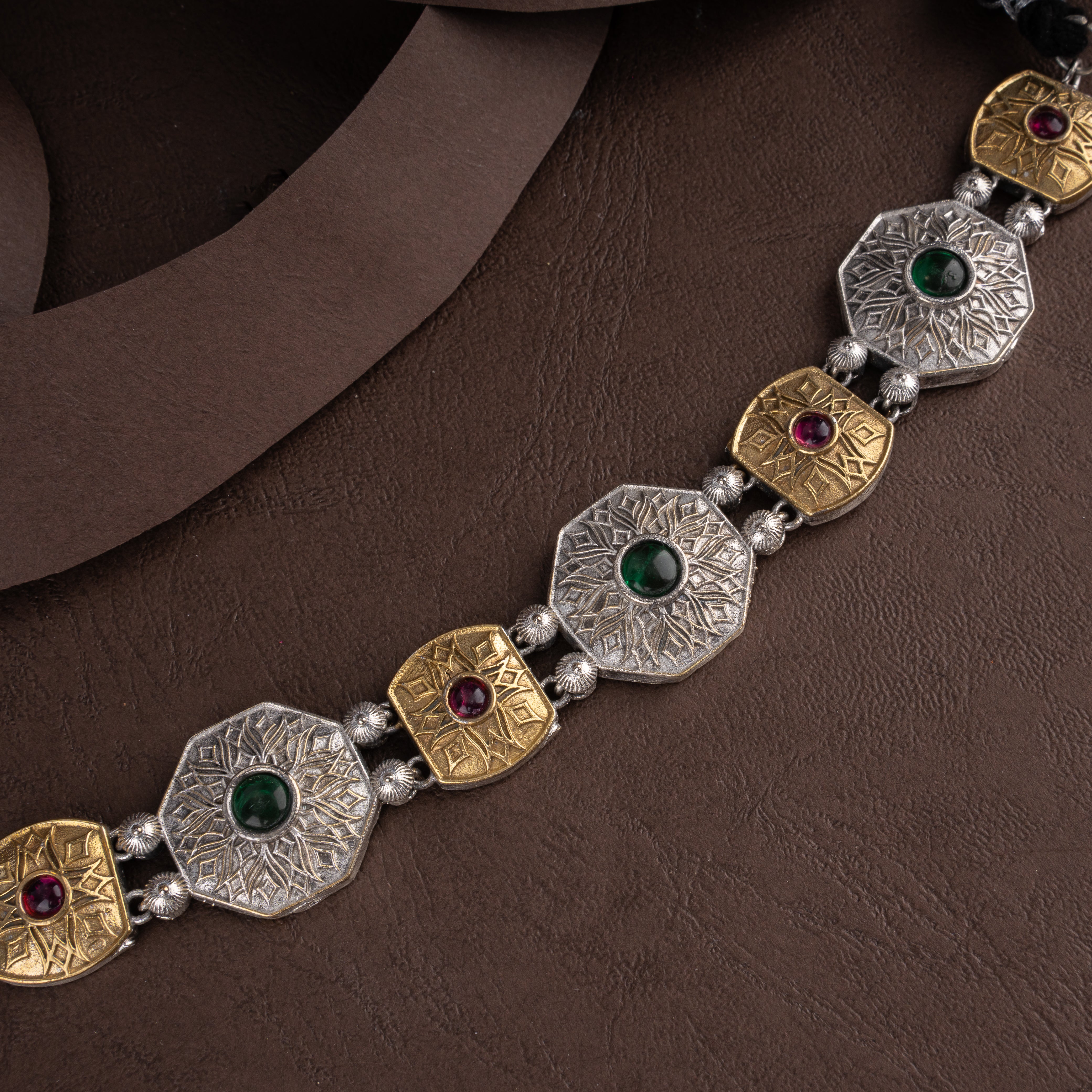 Dual-Tone Geometric Octagonal Medallion Choker Necklace Set with Ruby and Emerald Cabochons and Drop Earrings