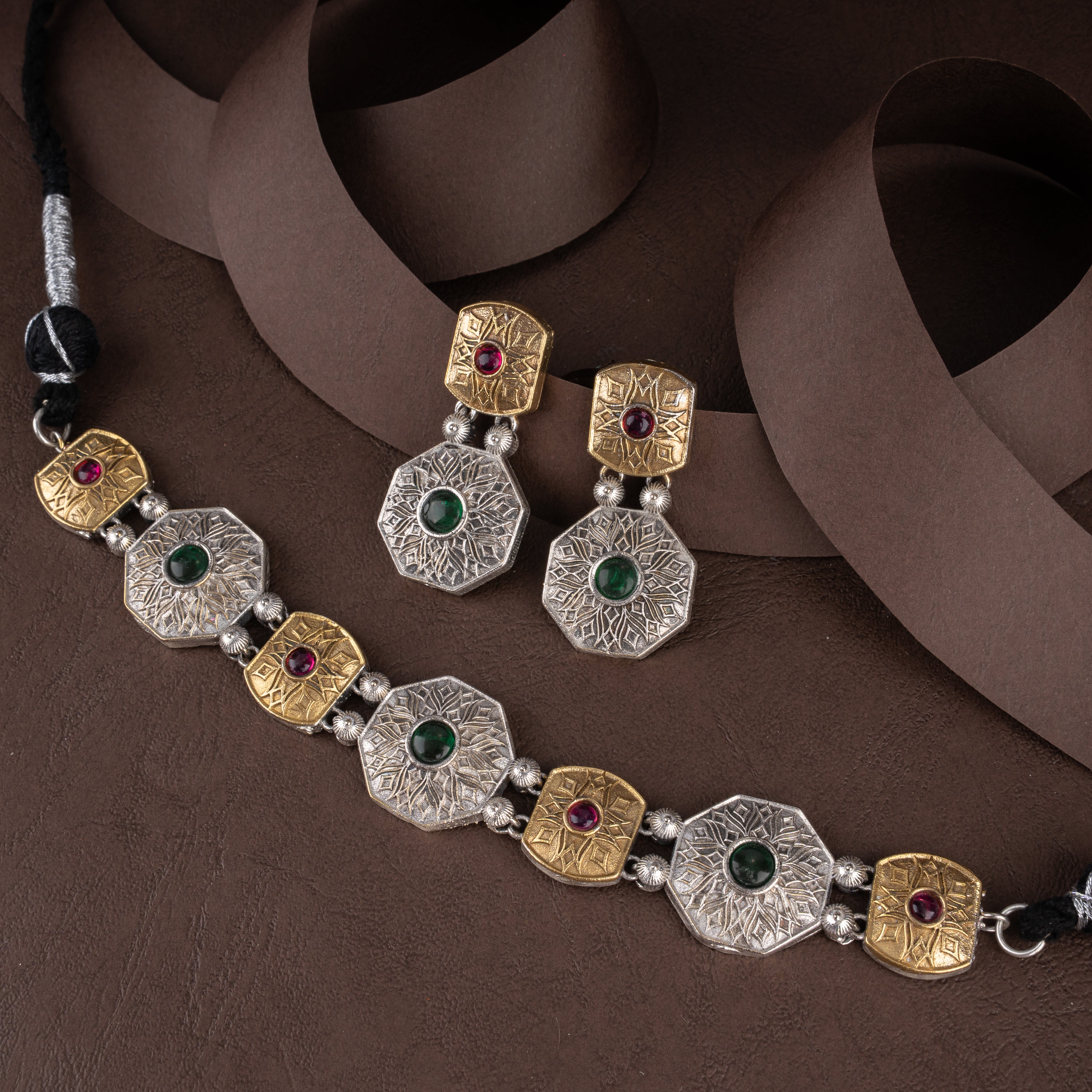 Dual-Tone Geometric Octagonal Medallion Choker Necklace Set with Ruby and Emerald Cabochons and Drop Earrings