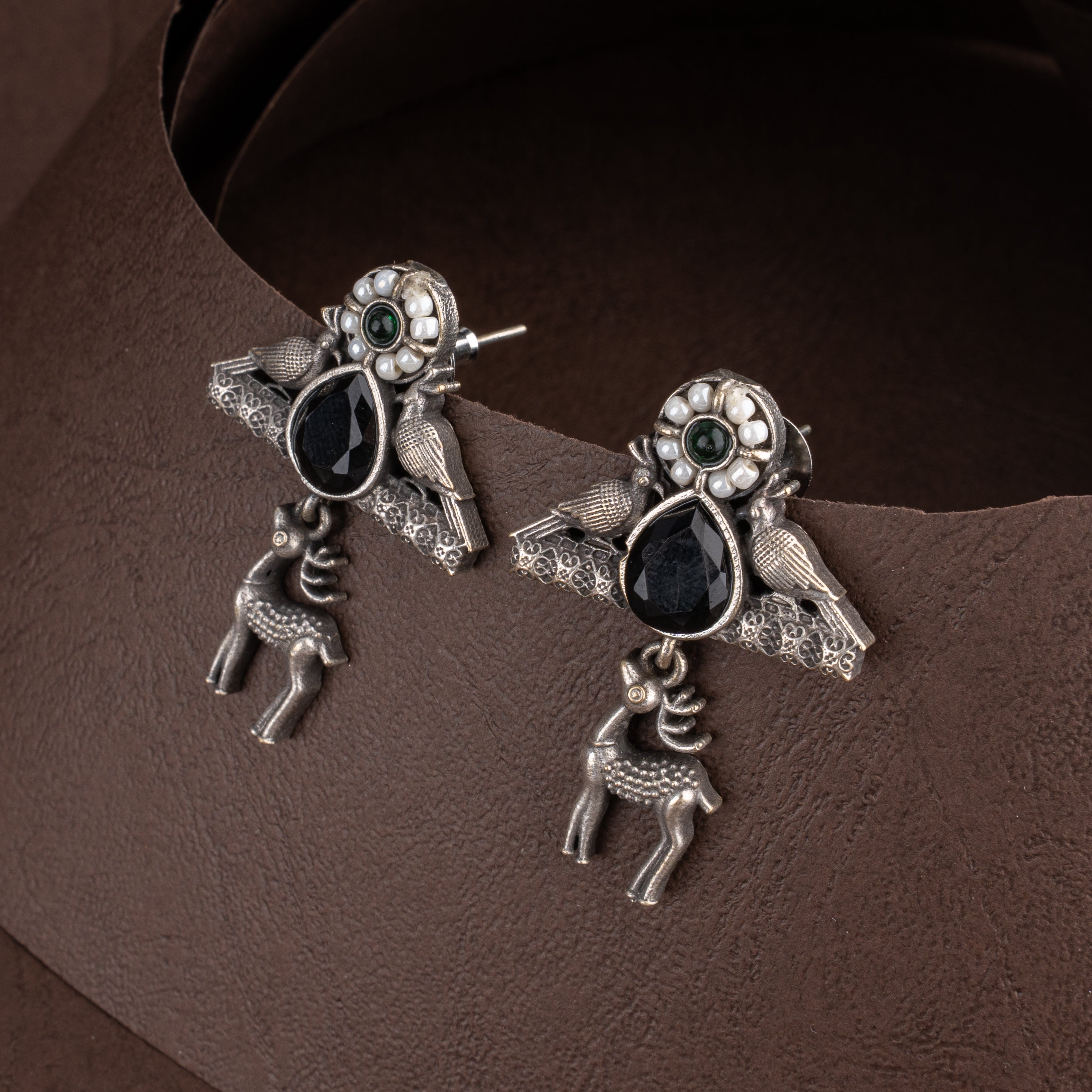 Oxidised Tribal Deer and Bird Medallion Pendant Necklace Set with Black Teardrop Stones and Seed Pearl Halos