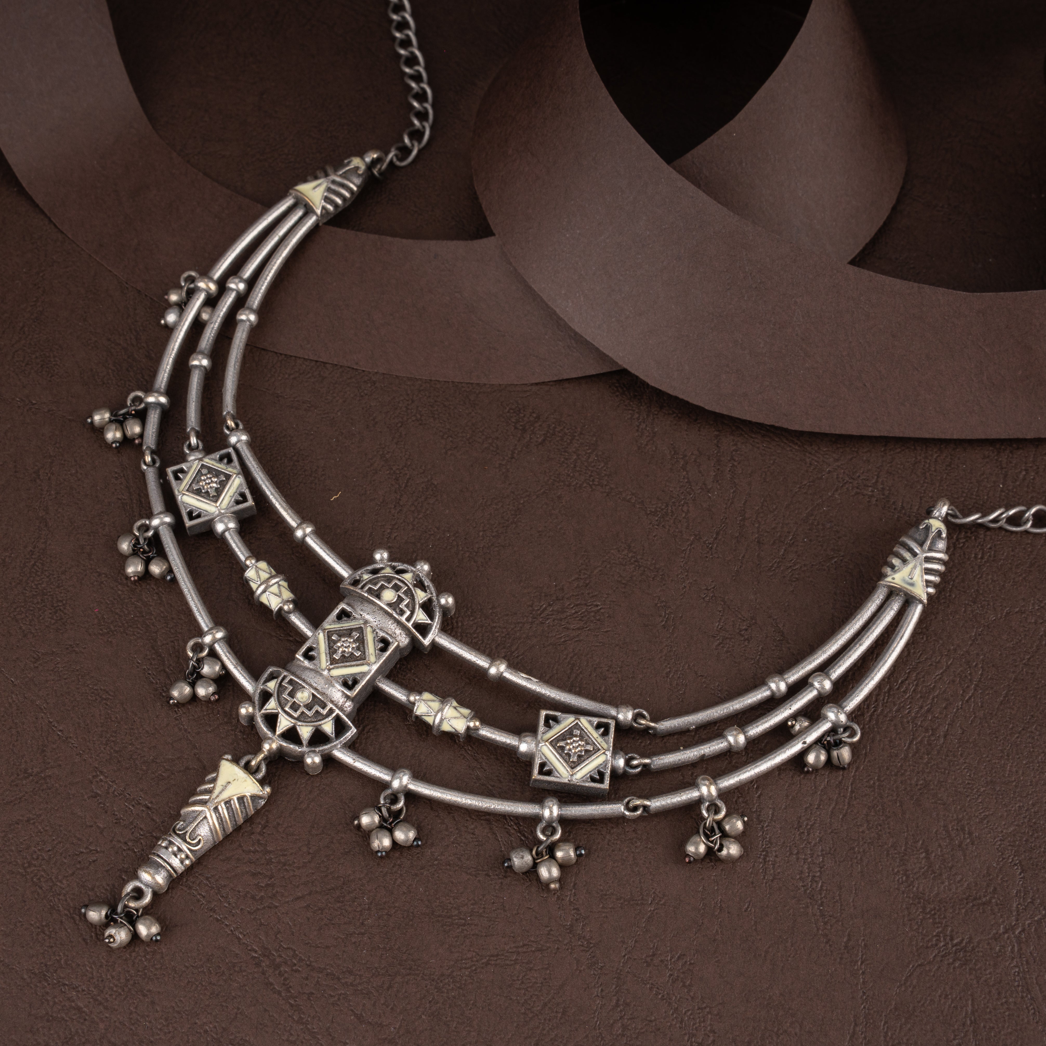 Oxidised Geometric Tribal Multi-Tier Collar Necklace Set with Ghungroo Bells and Drop Earrings