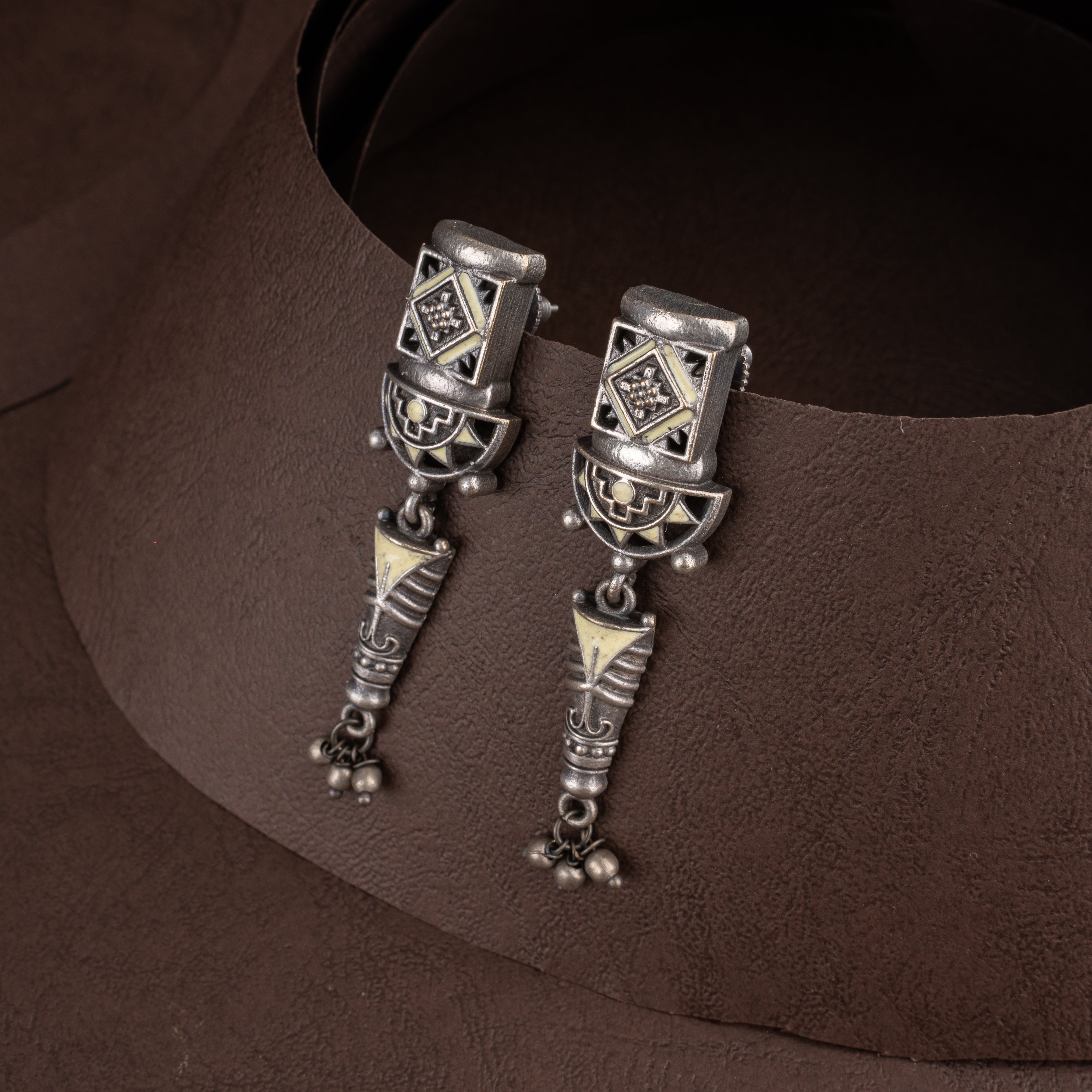 Oxidised Geometric Tribal Multi-Tier Collar Necklace Set with Ghungroo Bells and Drop Earrings