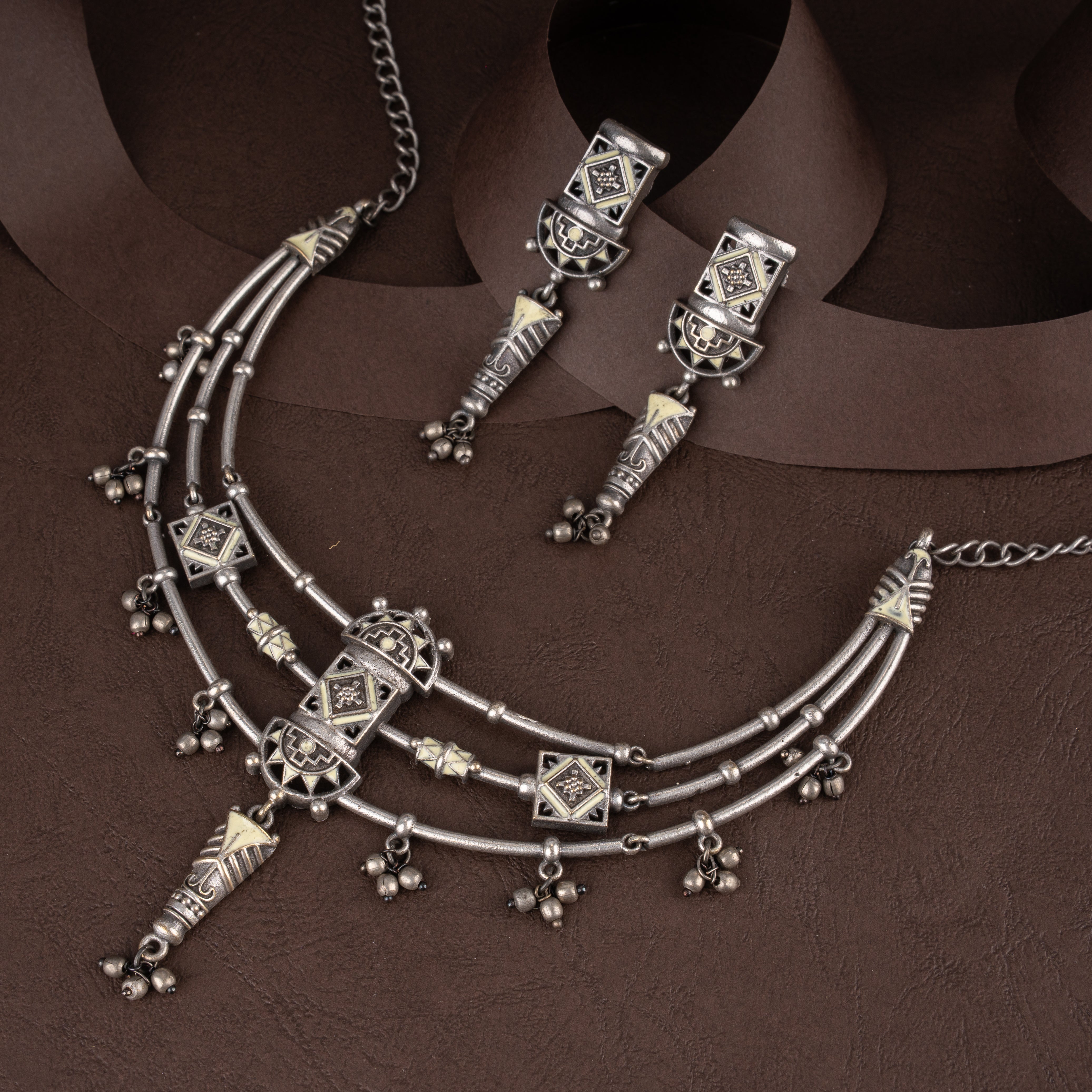 Oxidised Geometric Tribal Multi-Tier Collar Necklace Set with Ghungroo Bells and Drop Earrings