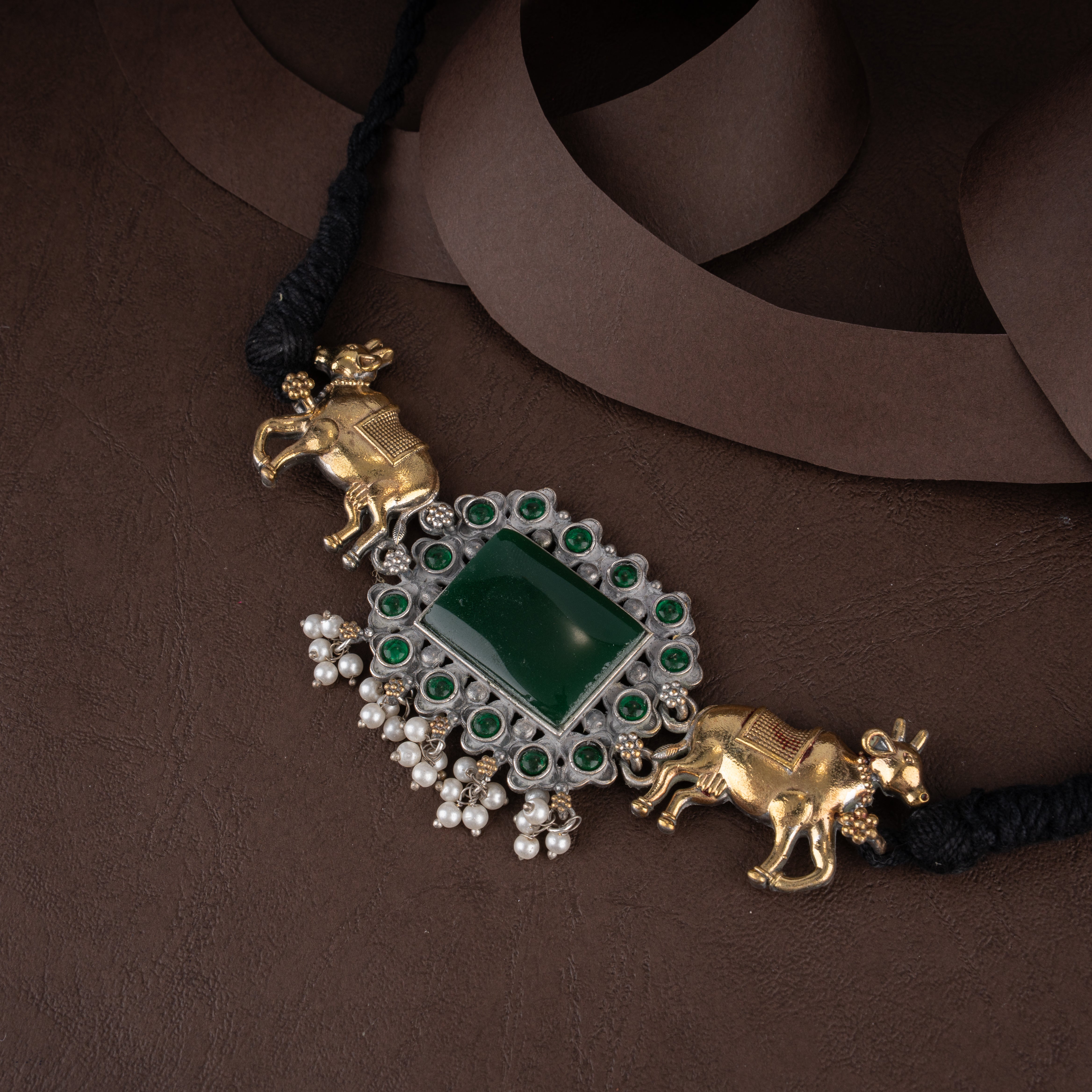 Dual-Tone Sacred Cow Plaque Choker Necklace Set with Seed Pearl Clusters