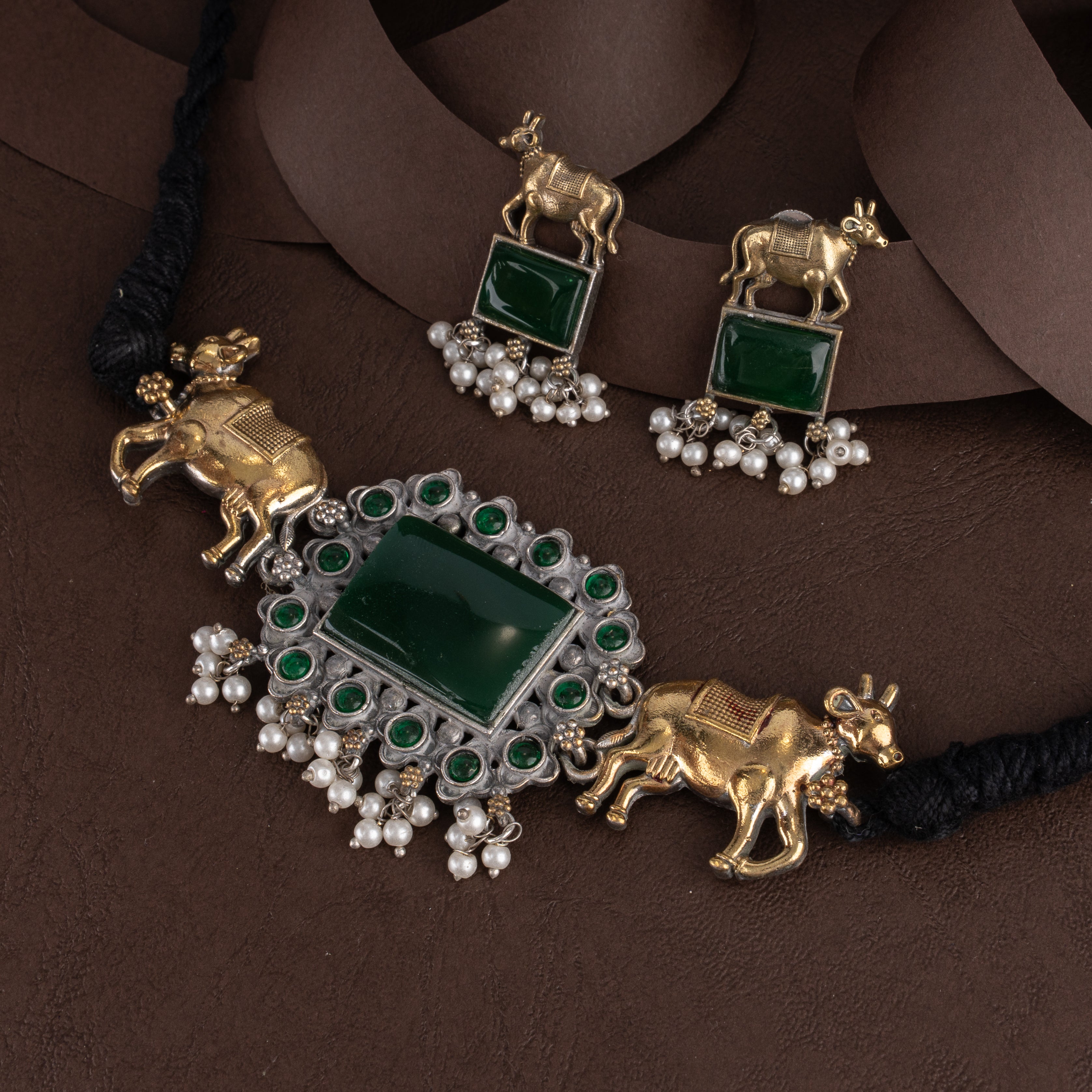 Dual-Tone Sacred Cow Plaque Choker Necklace Set with Seed Pearl Clusters