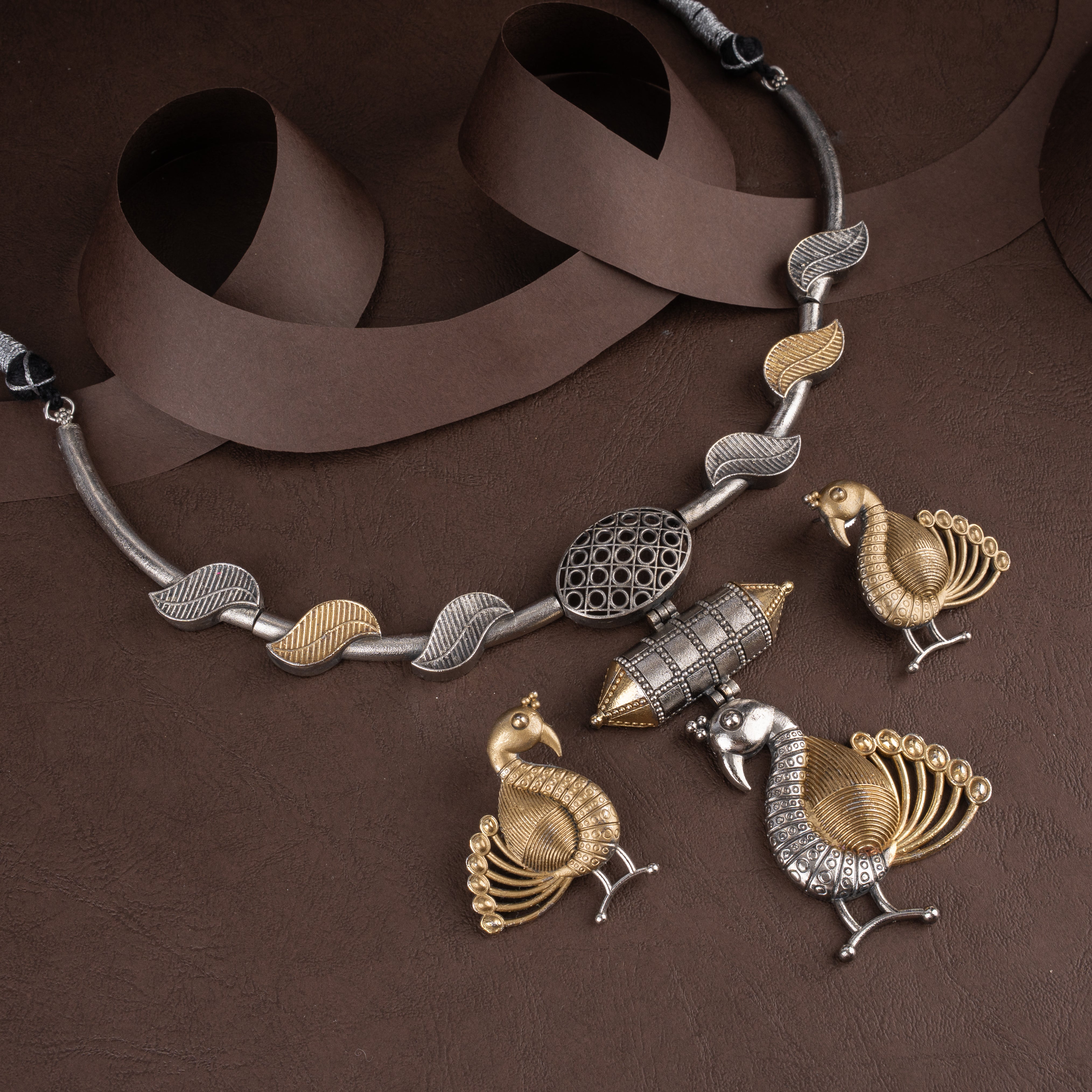 Dual-Tone Leaf Vine Hasli Choker Necklace Set with Dholki Bead Peacock Pendant and Stud Earrings