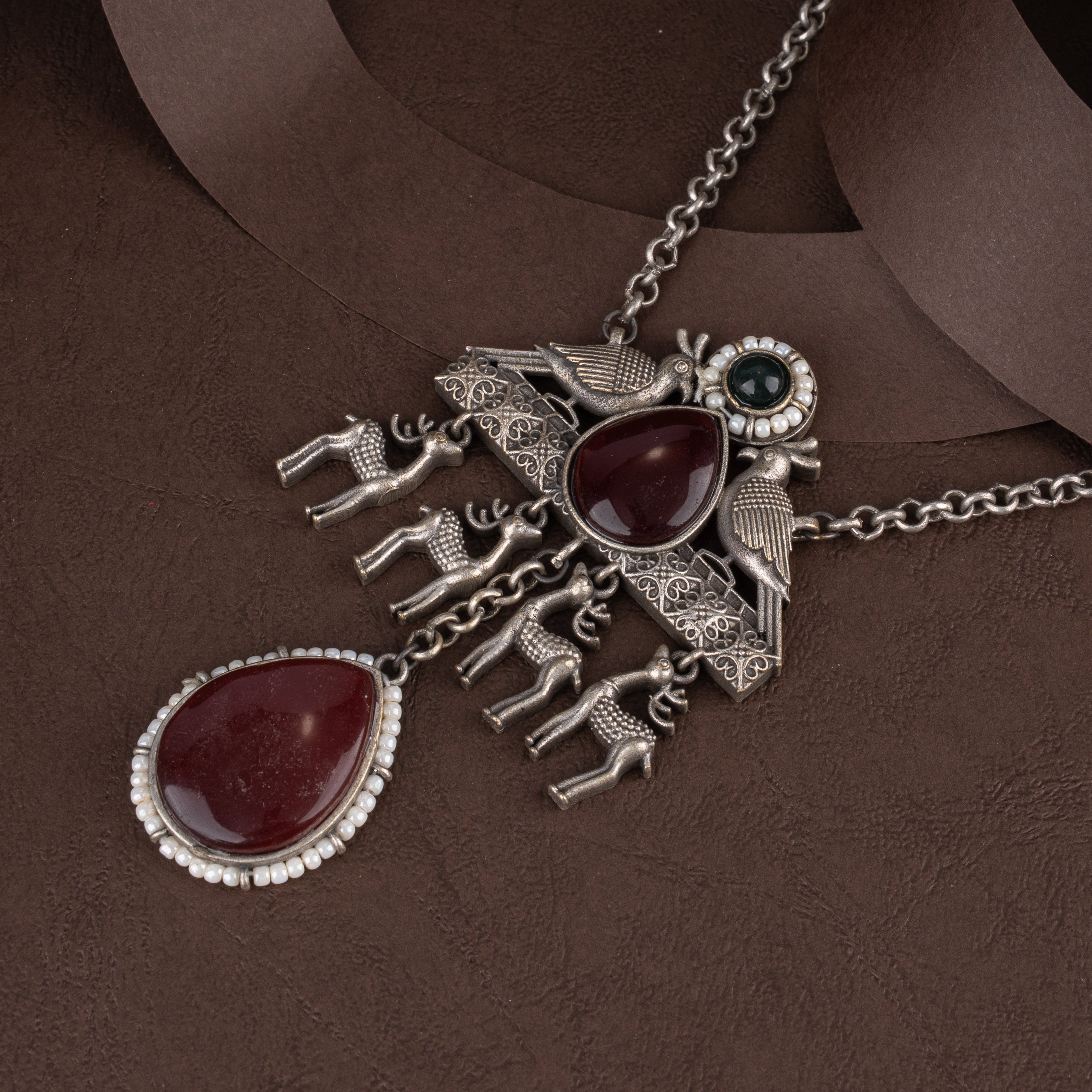 Oxidised Tribal Deer and Bird Medallion Pendant Necklace Set with Ruby Stones and Pearl Halos