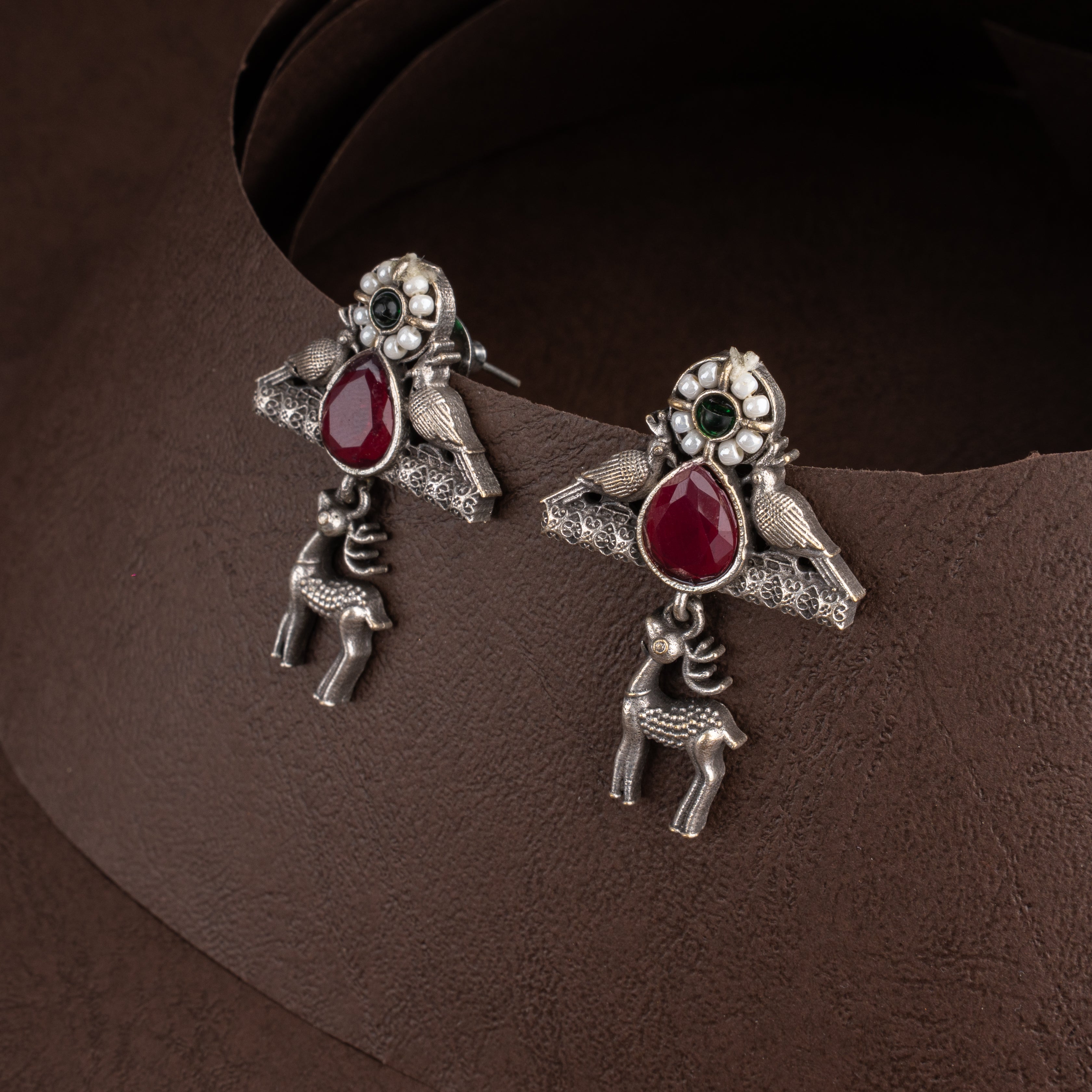 Oxidised Tribal Deer and Bird Medallion Pendant Necklace Set with Ruby Stones and Pearl Halos