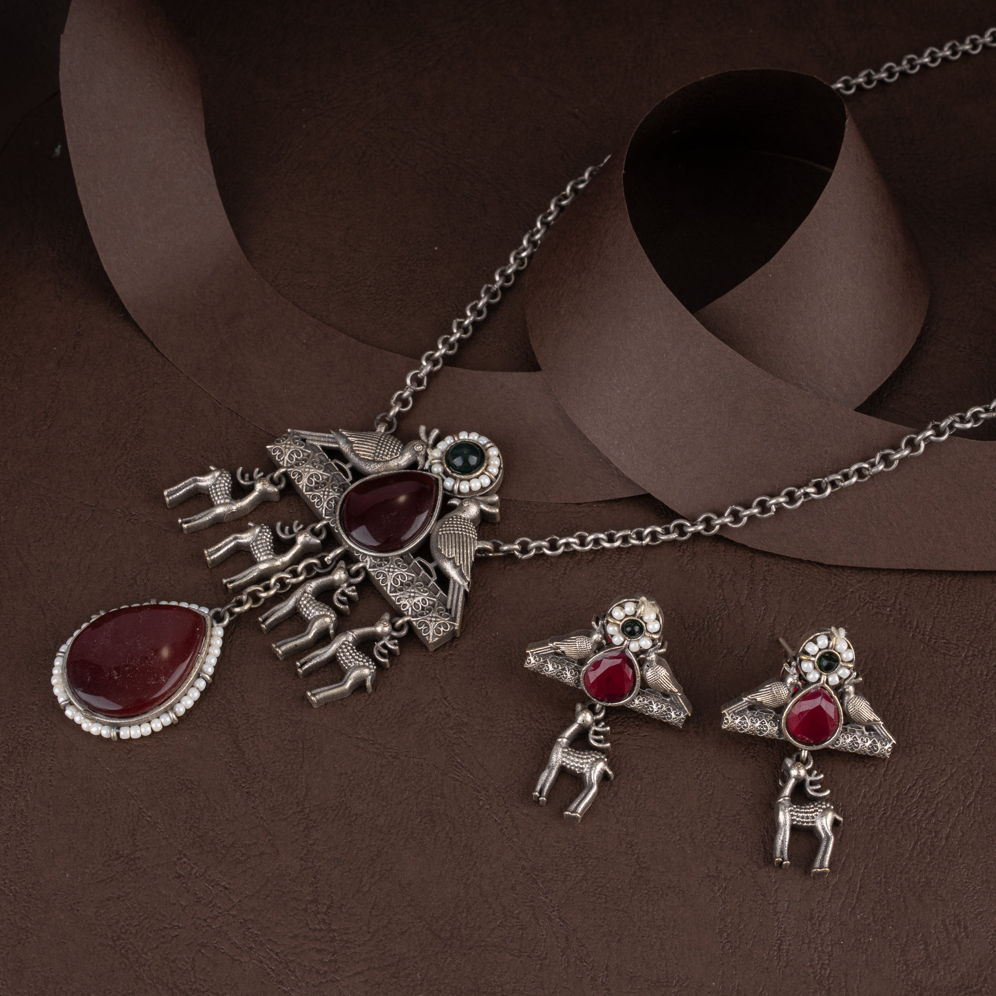 Oxidised Tribal Deer and Bird Medallion Pendant Necklace Set with Ruby Stones and Pearl Halos