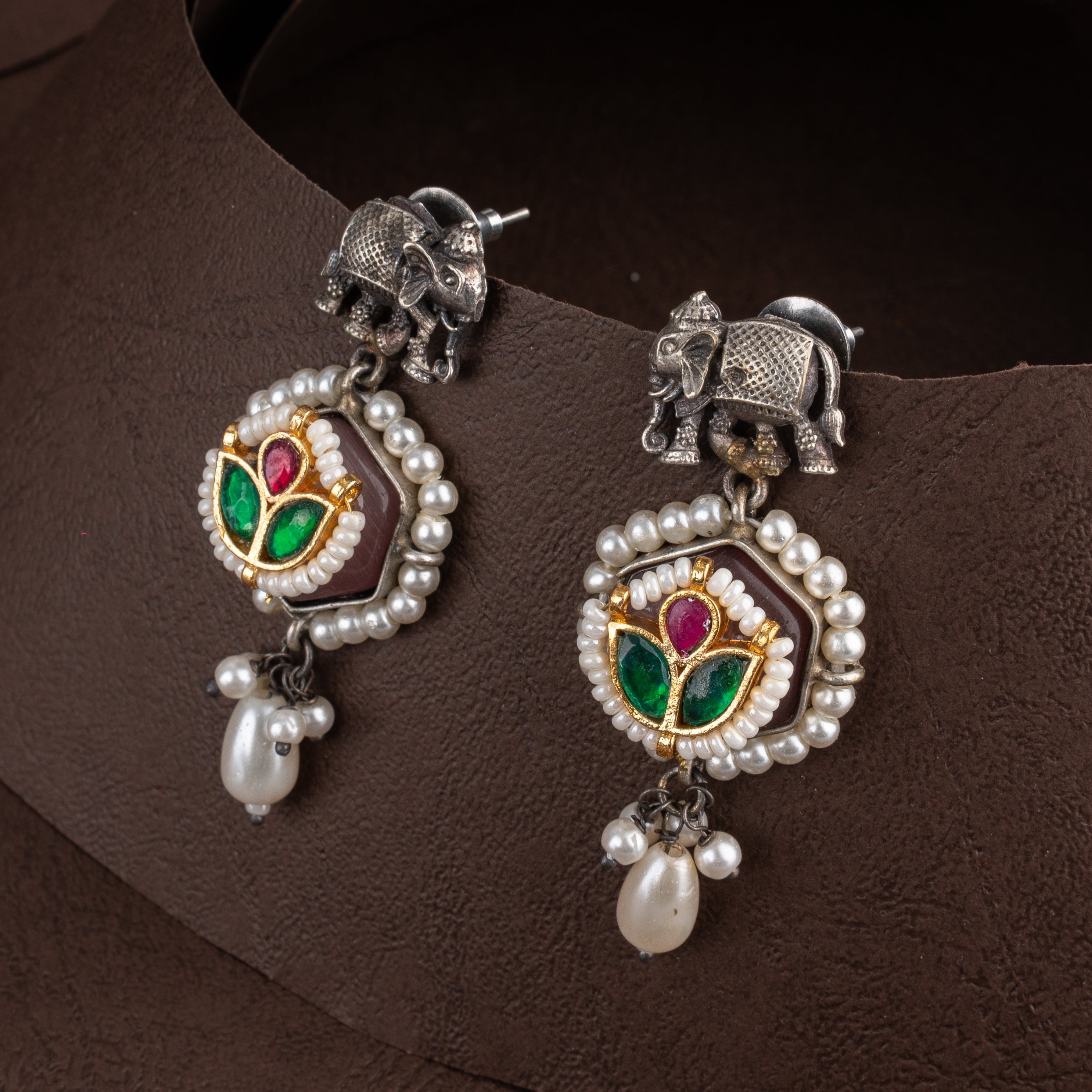 Oxidised Dual-Tone Bird Medallion Long Necklace Set with Pink Quartz and Pearl Drops