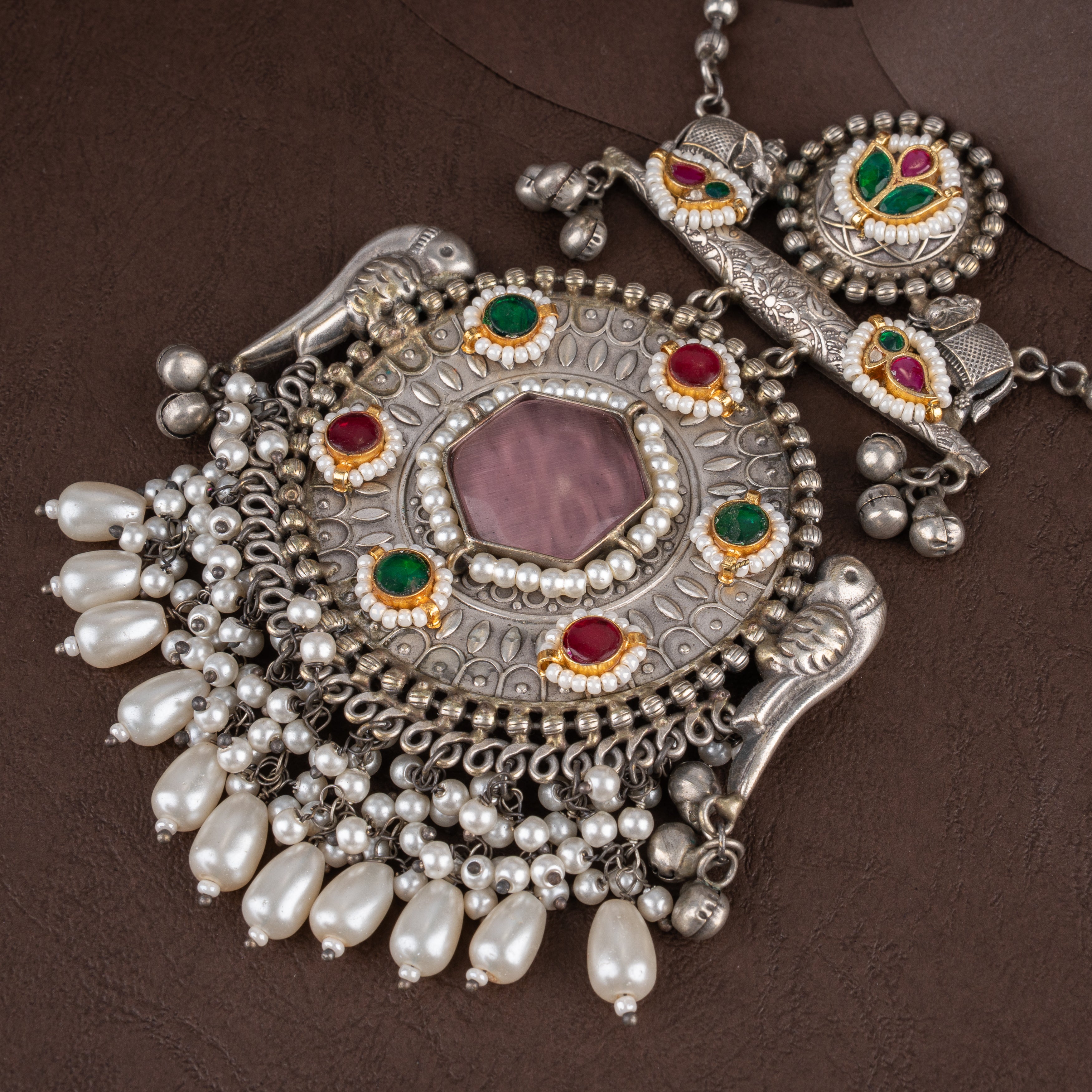 Oxidised Dual-Tone Bird Medallion Long Necklace Set with Pink Quartz and Pearl Drops