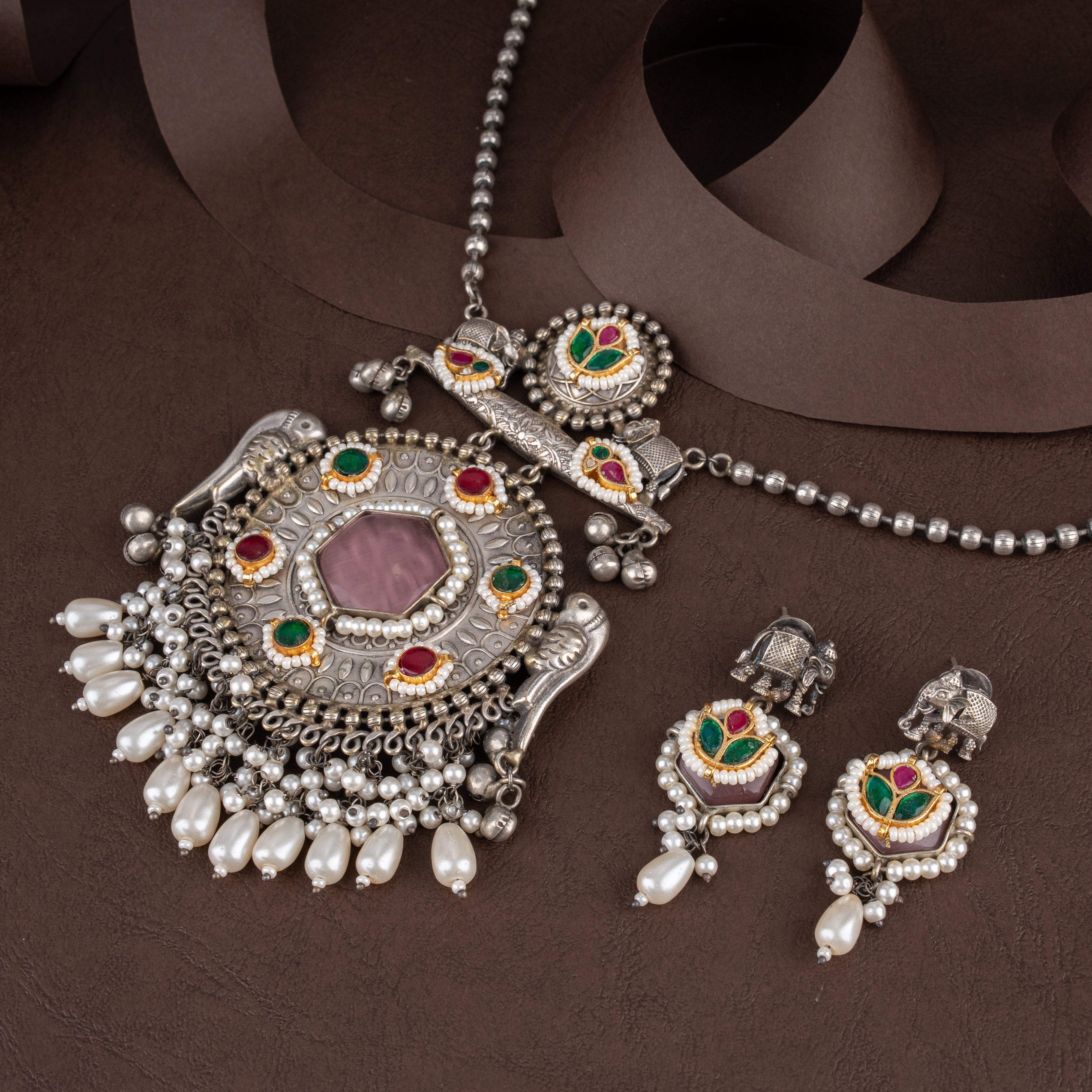 Oxidised Dual-Tone Bird Medallion Long Necklace Set with Pink Quartz and Pearl Drops