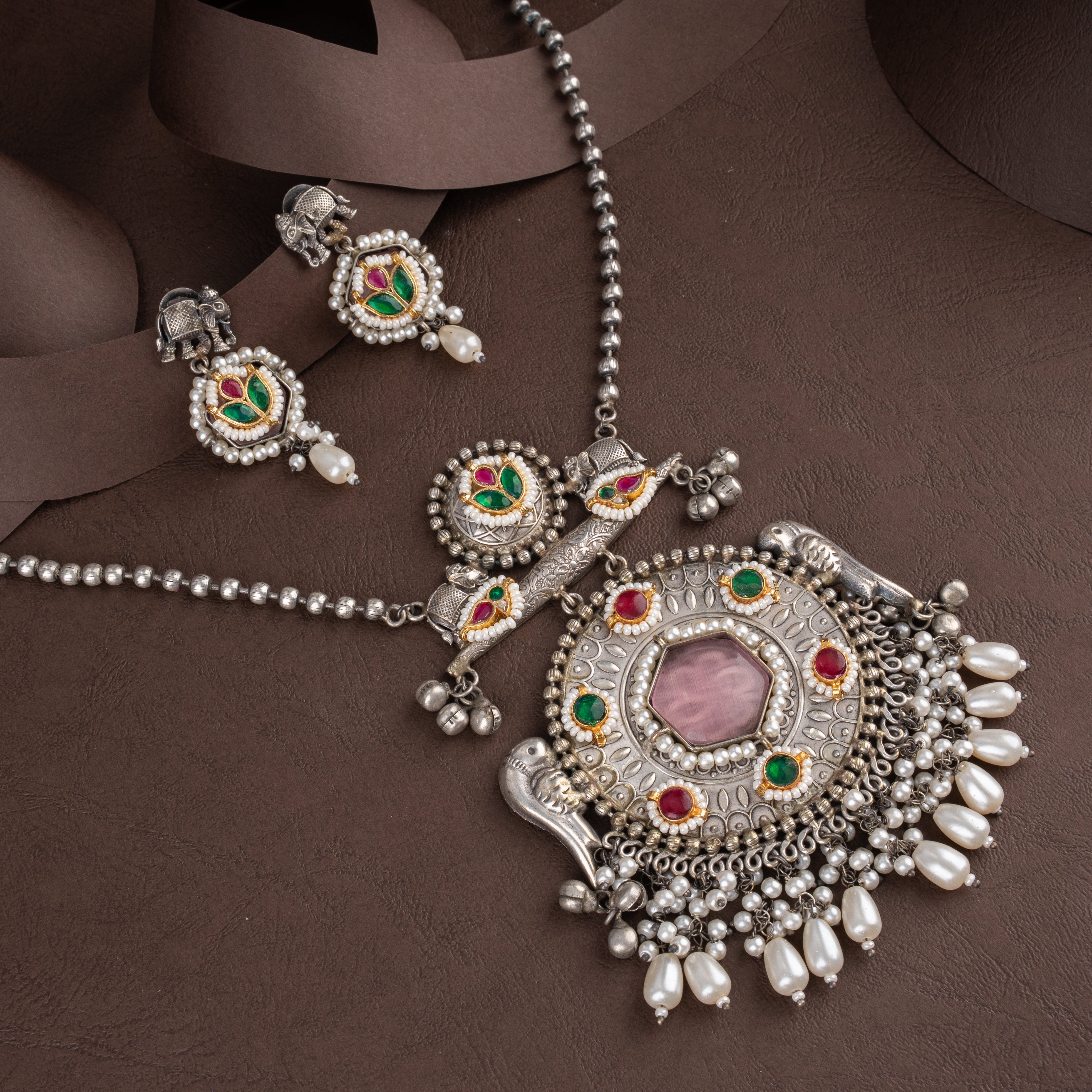 Oxidised Dual-Tone Bird Medallion Long Necklace Set with Pink Quartz and Pearl Drops
