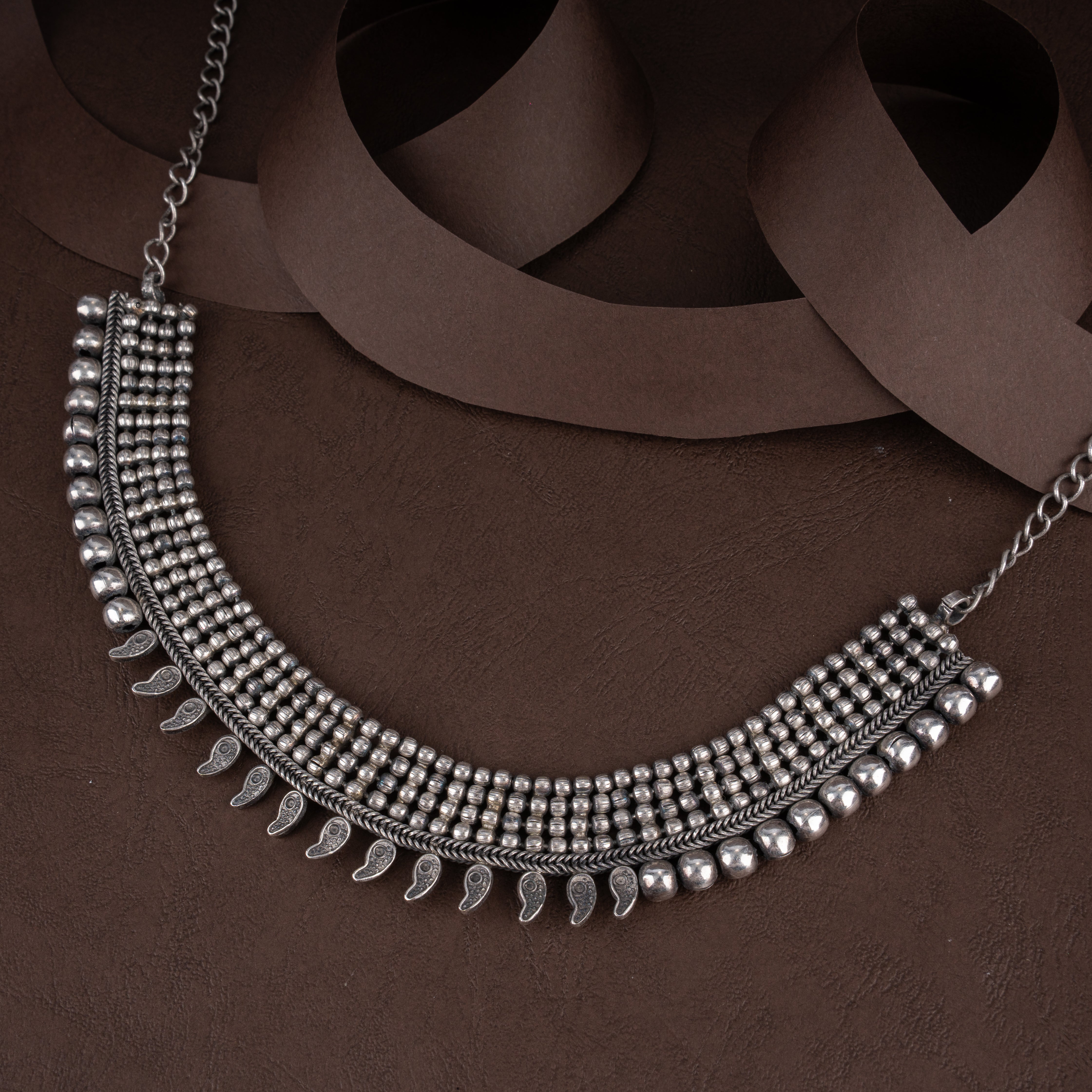 Oxidised Silver Multi-Row Beaded Collar Choker Necklace with Mango Paisley Drops