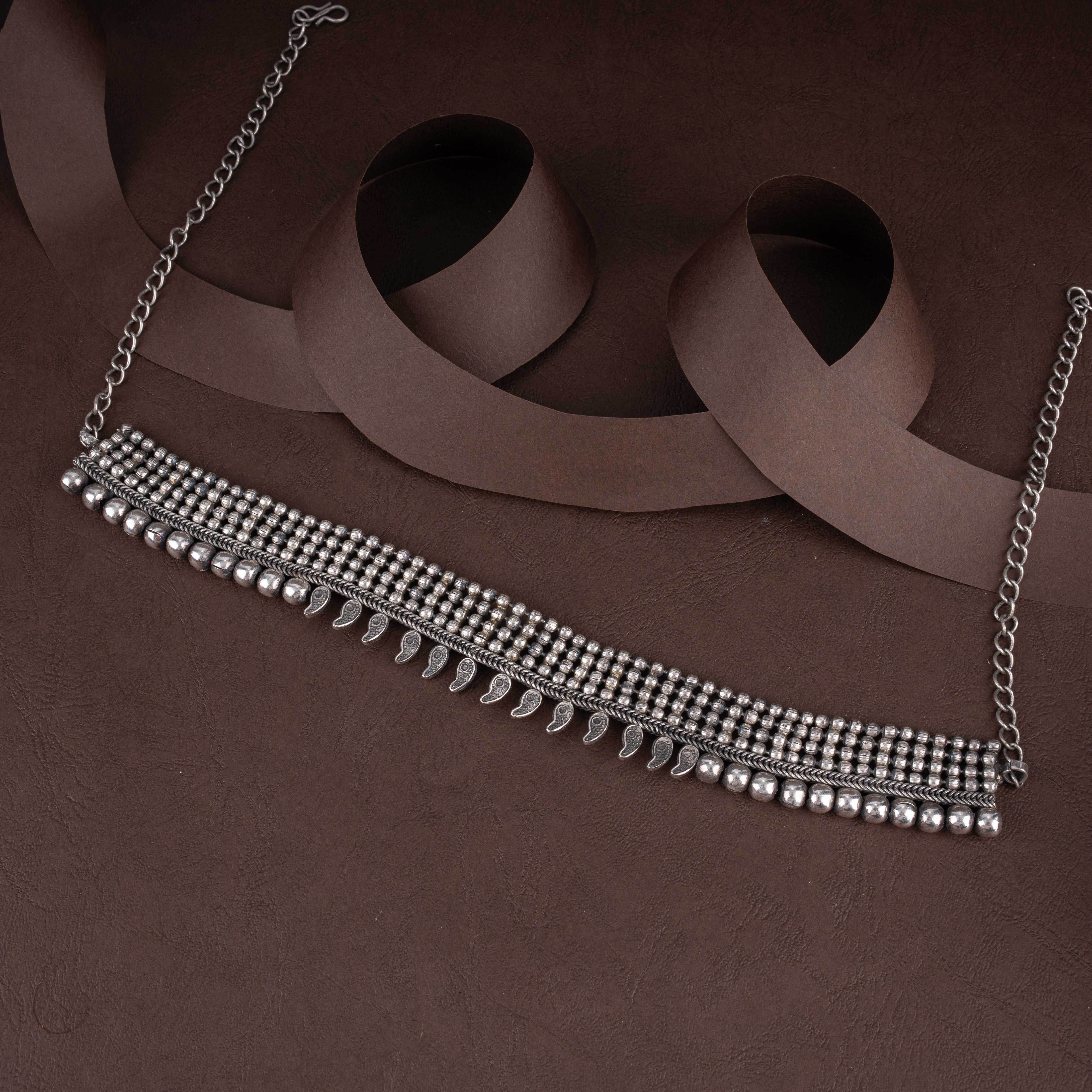 Oxidised Silver Multi-Row Beaded Collar Choker Necklace with Mango Paisley Drops