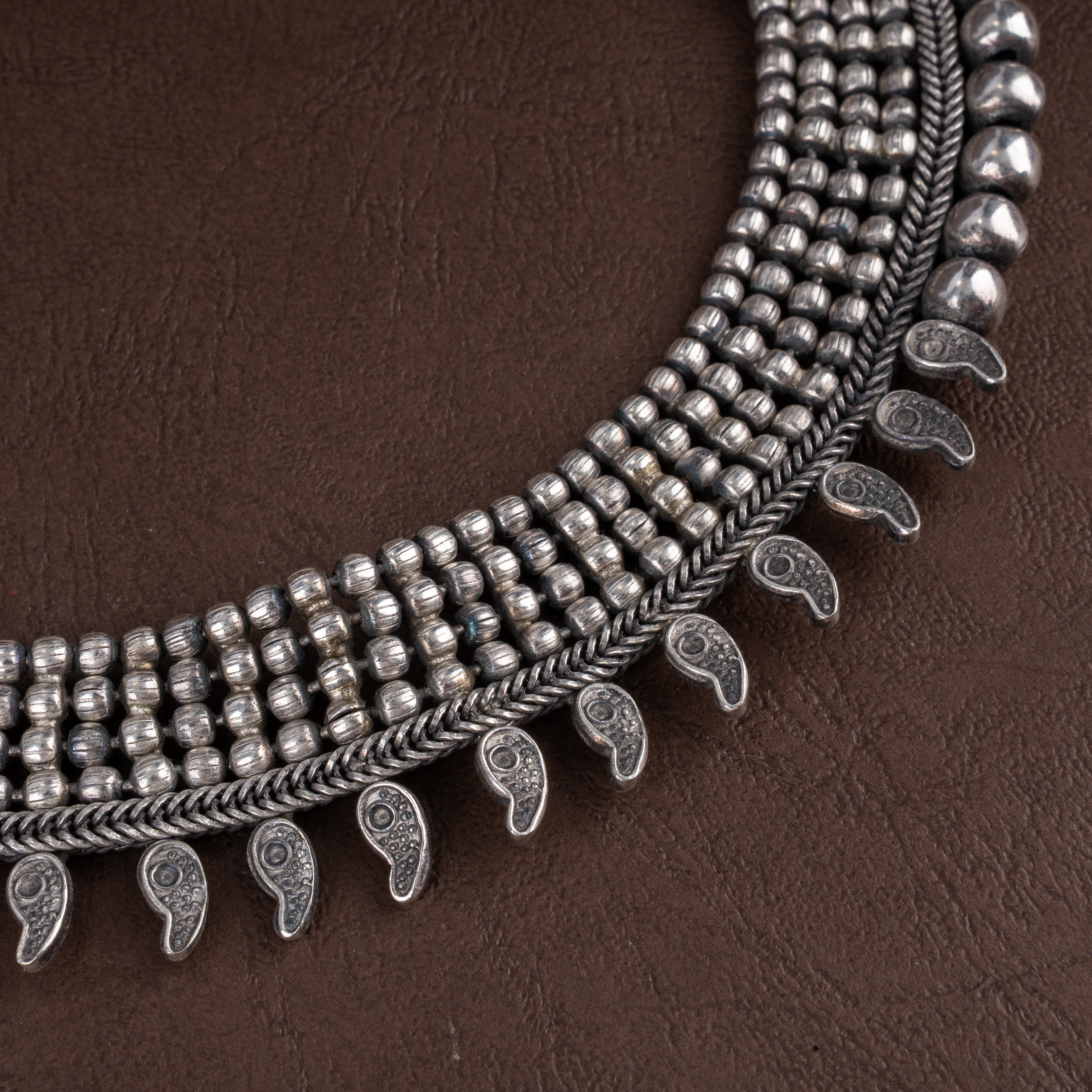 Oxidised Silver Multi-Row Beaded Collar Choker Necklace with Mango Paisley Drops