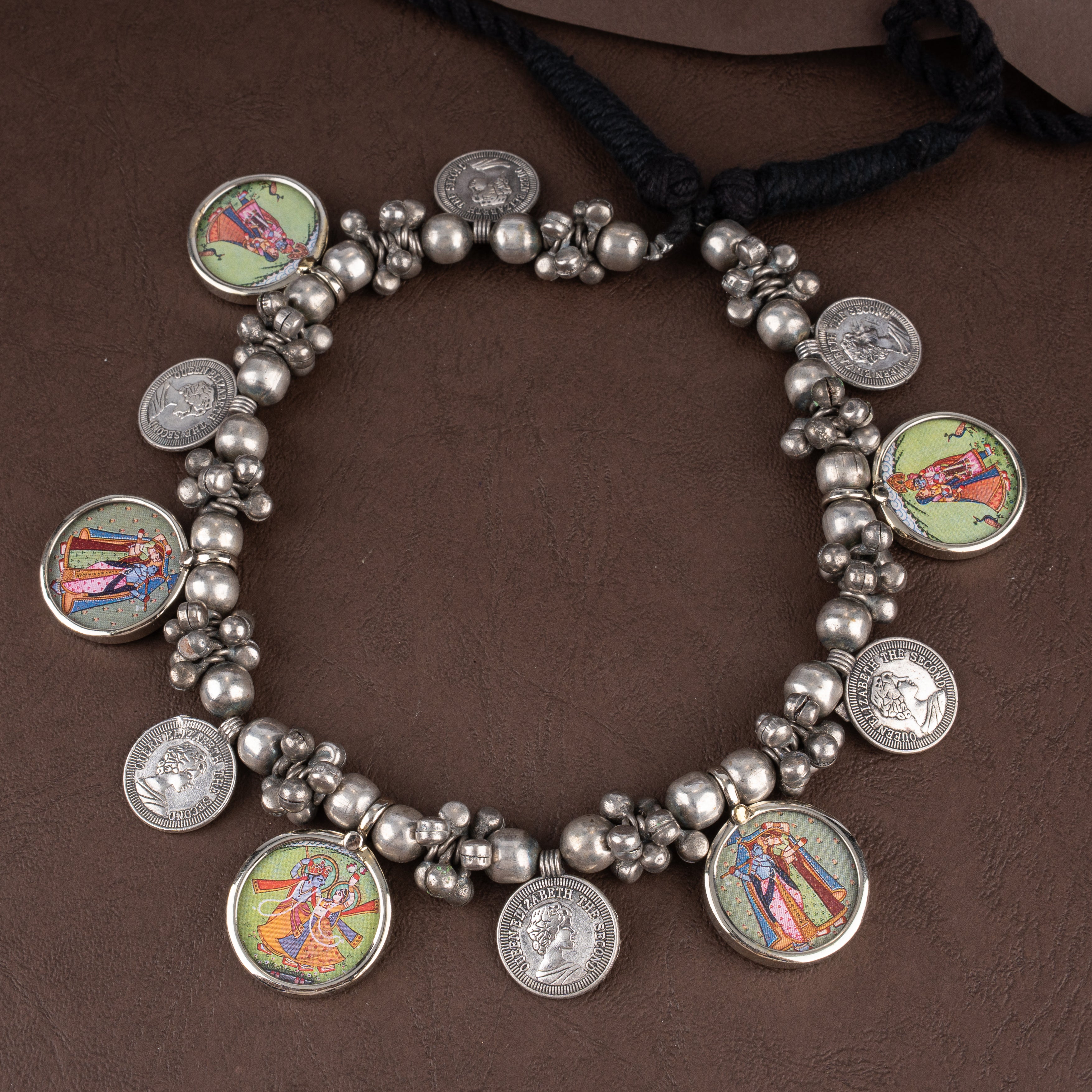 Oxidised Tribal Beaded Coin Necklace with Miniature Pichwai Radha Krishna Medallions