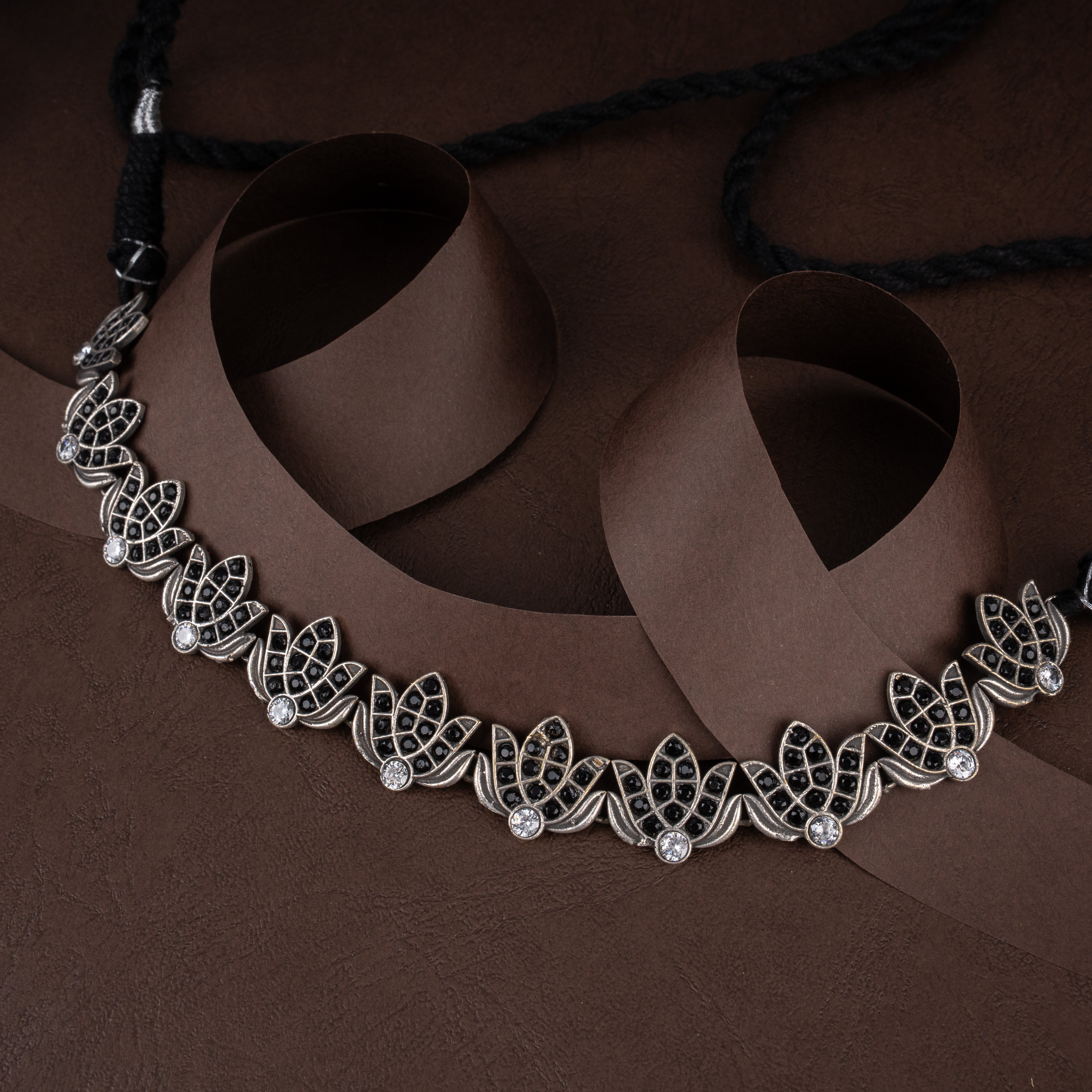 Oxidised Lotus Choker Necklace Set with Black Enamel and Matching Stud Earrings
