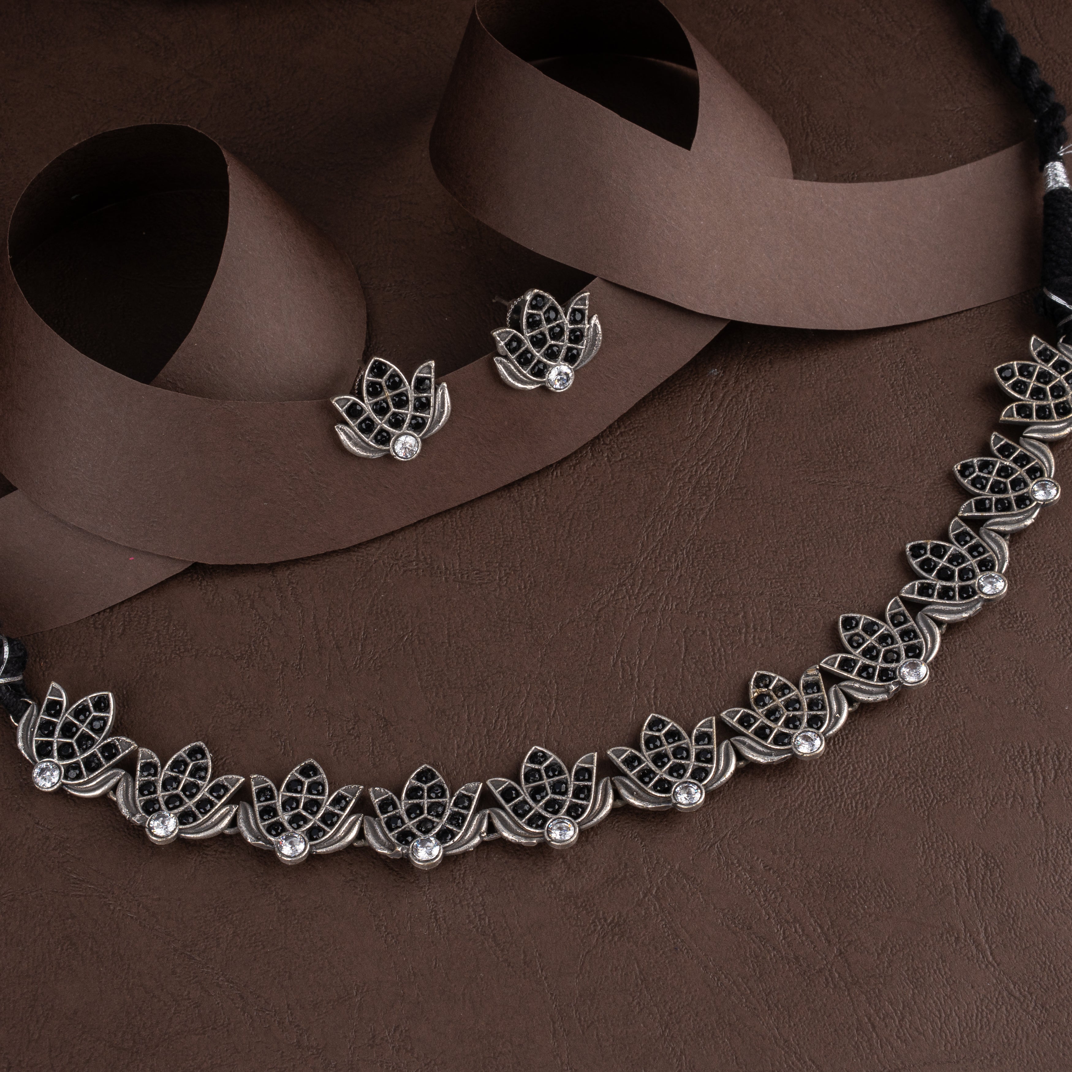 Oxidised Lotus Choker Necklace Set with Black Enamel and Matching Stud Earrings