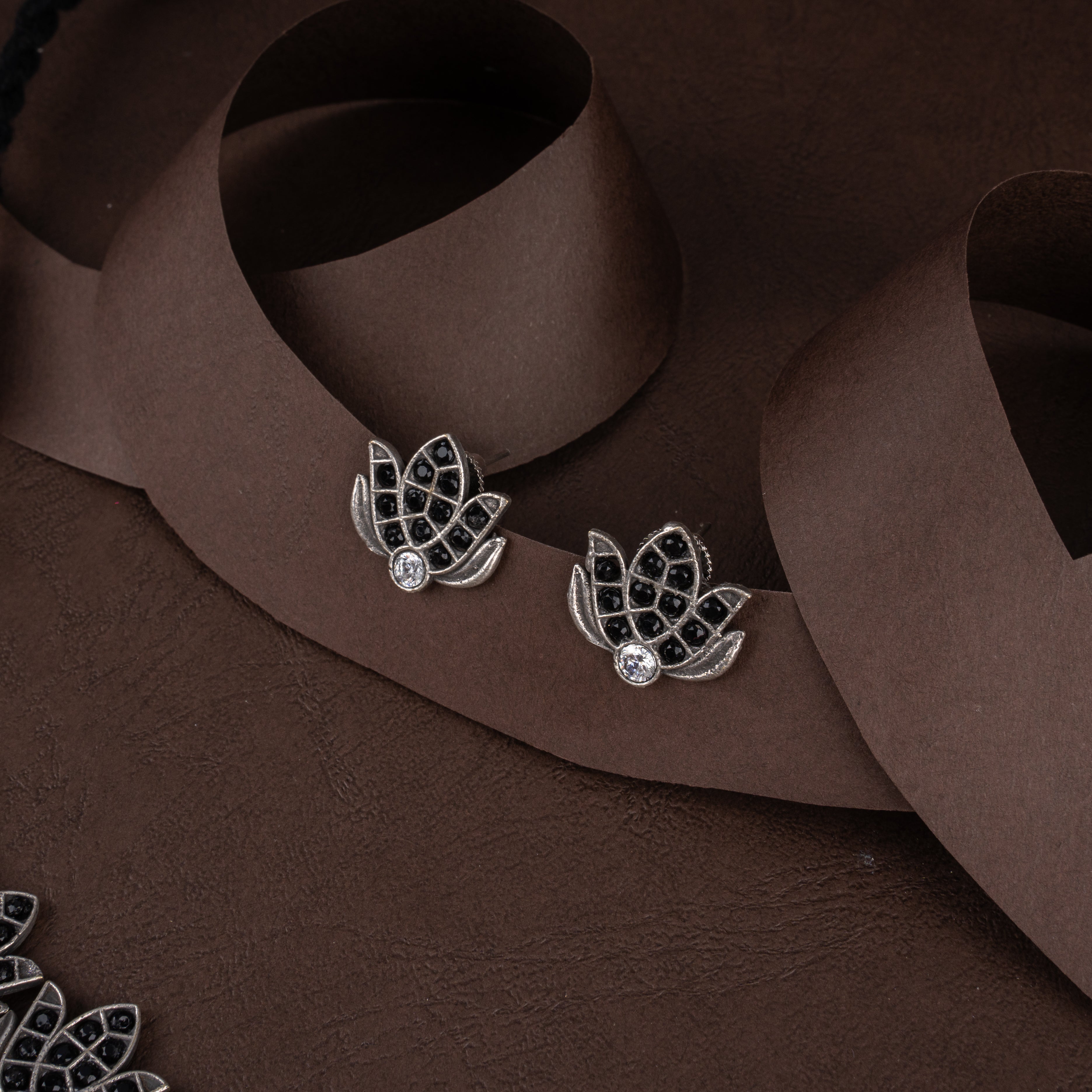 Oxidised Lotus Choker Necklace Set with Black Enamel and Matching Stud Earrings