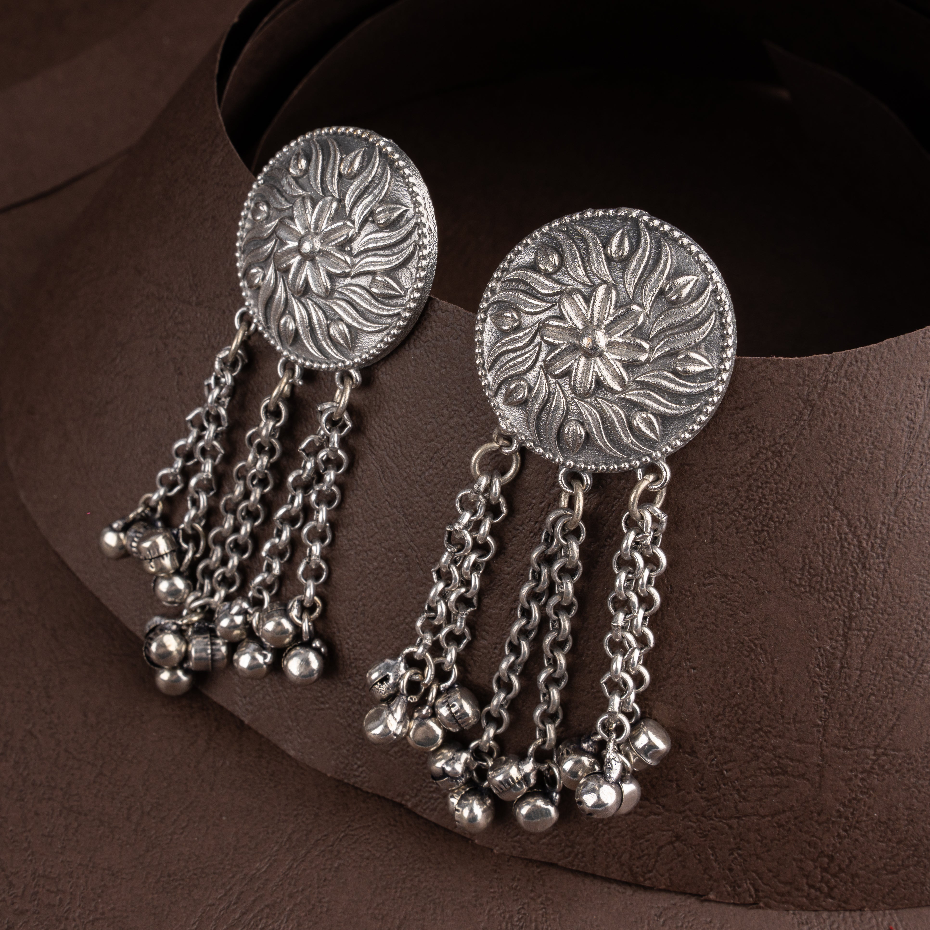 Oxidised Embossed Hasli Collar Necklace Set with Cascading Chain Fringe and Ghungroo Drops