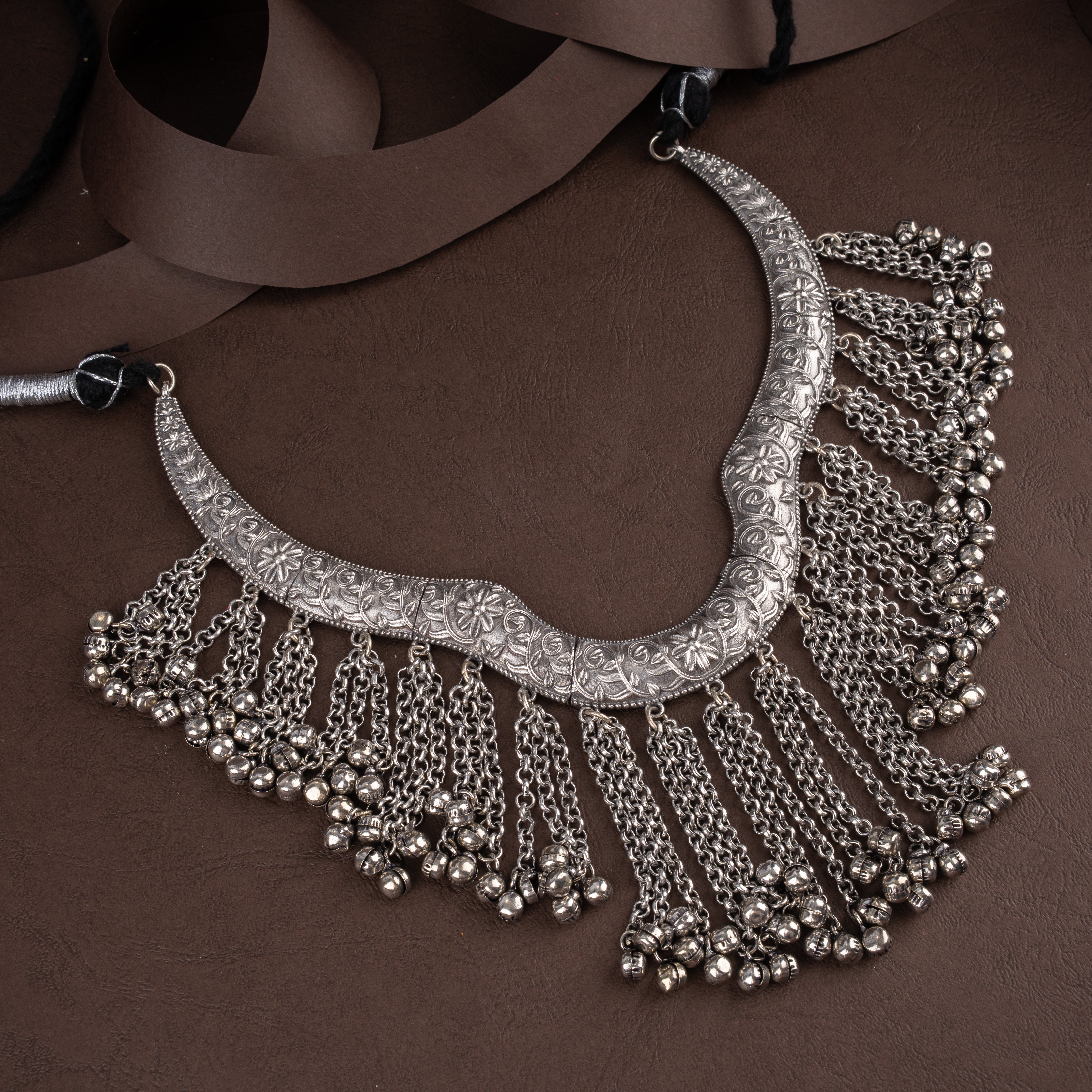 Oxidised Embossed Hasli Collar Necklace Set with Cascading Chain Fringe and Ghungroo Drops