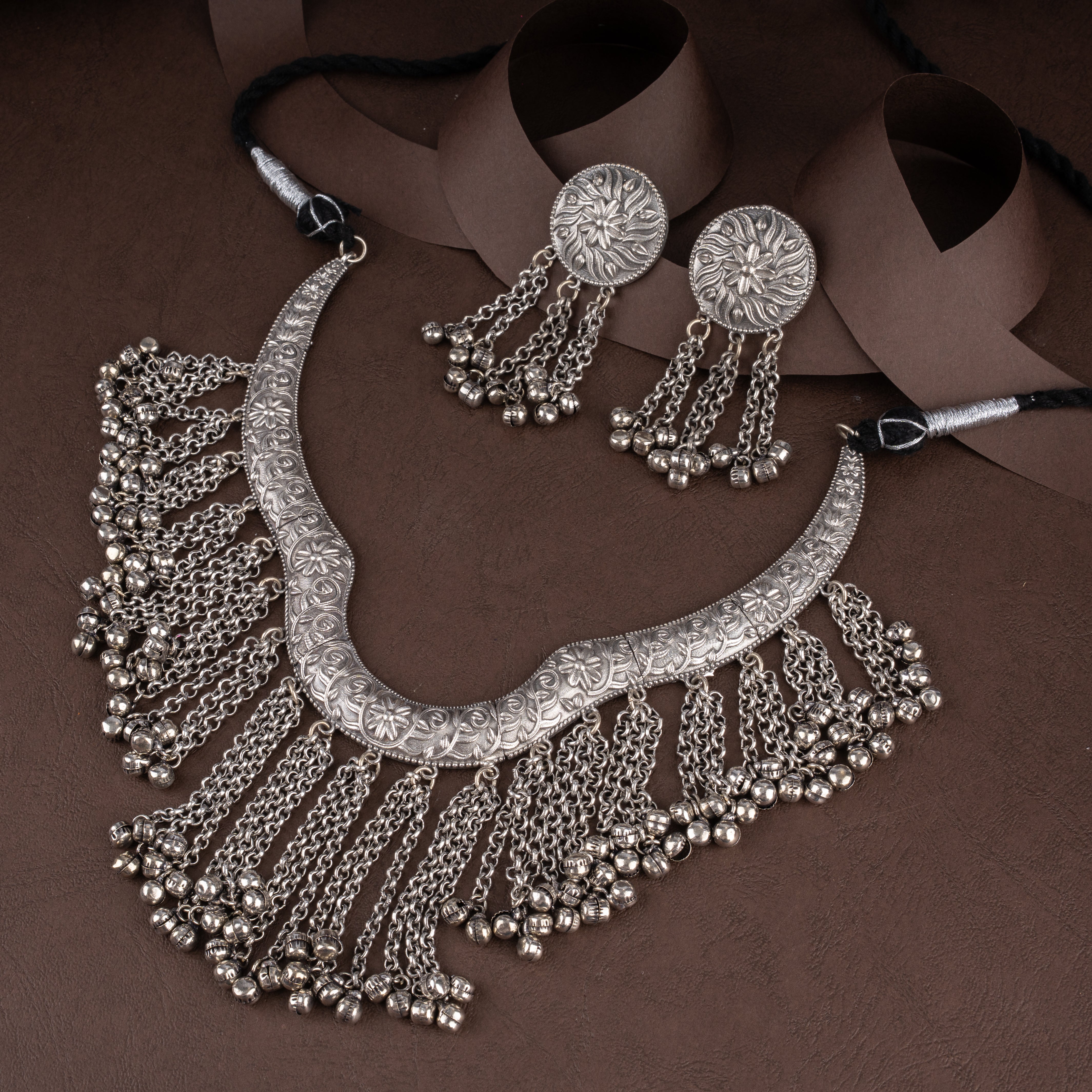 Oxidised Embossed Hasli Collar Necklace Set with Cascading Chain Fringe and Ghungroo Drops