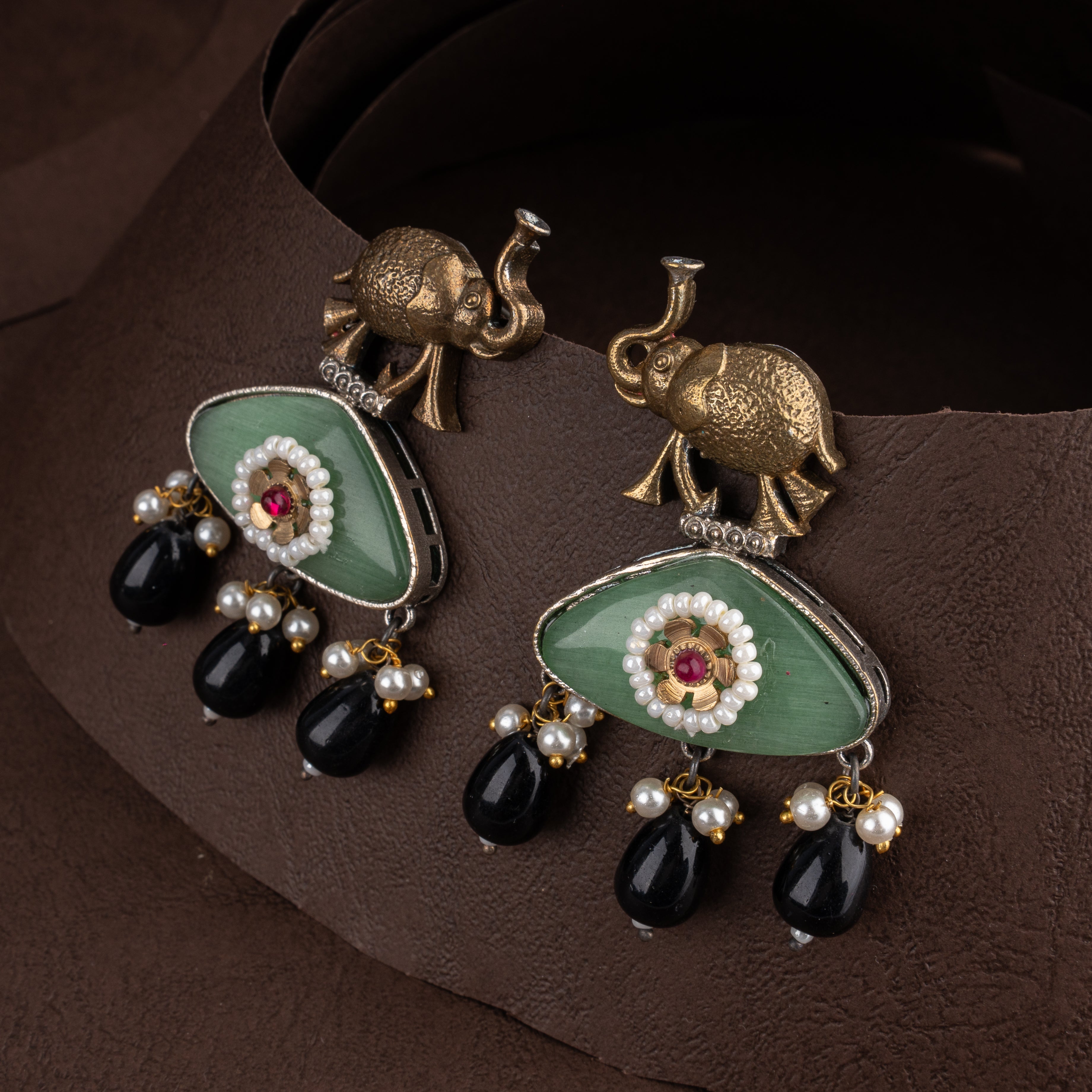 Dual-Tone Royal Elephant Pendant Necklace Set with Sage Green Plaque and Seed Pearls