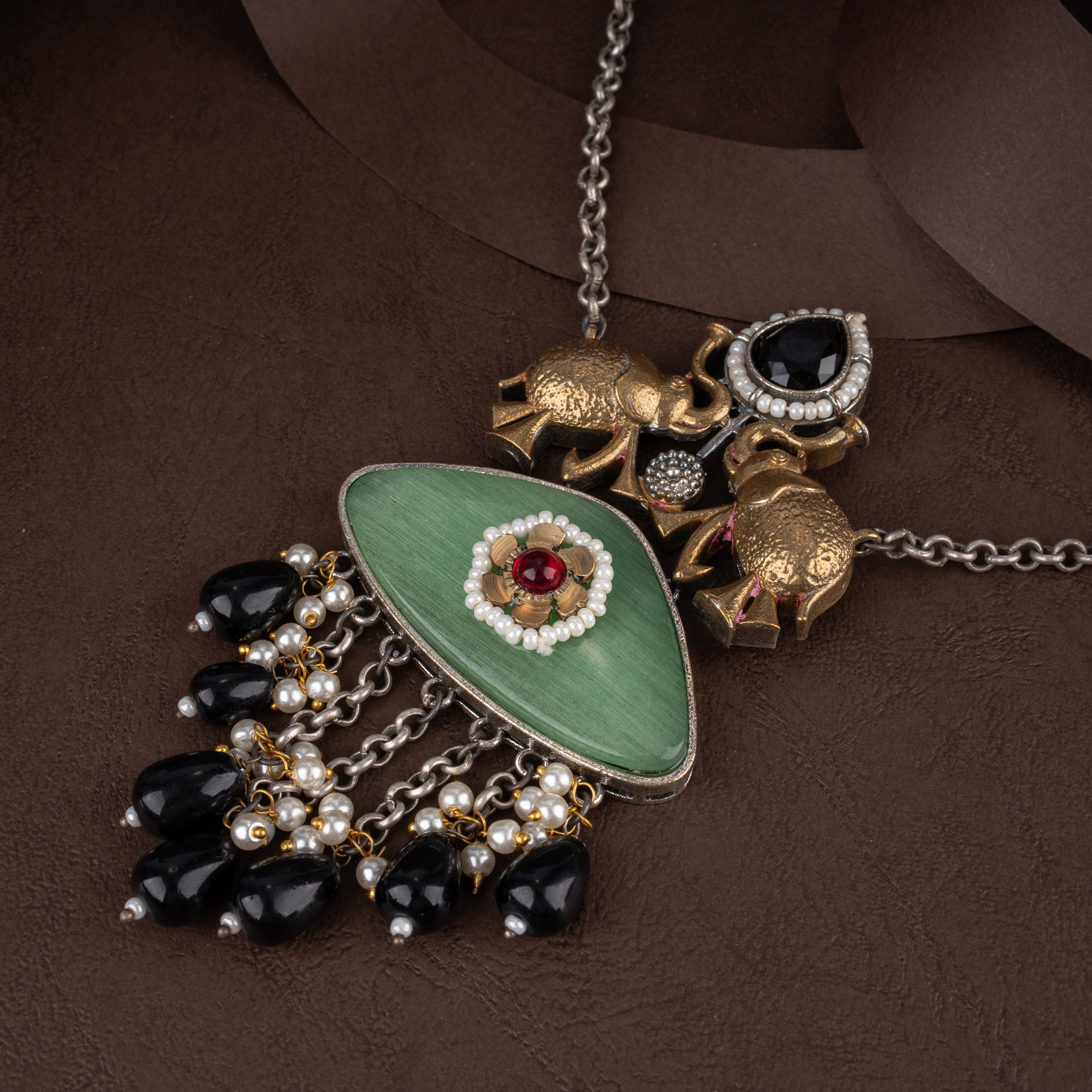 Dual-Tone Royal Elephant Pendant Necklace Set with Sage Green Plaque and Seed Pearls