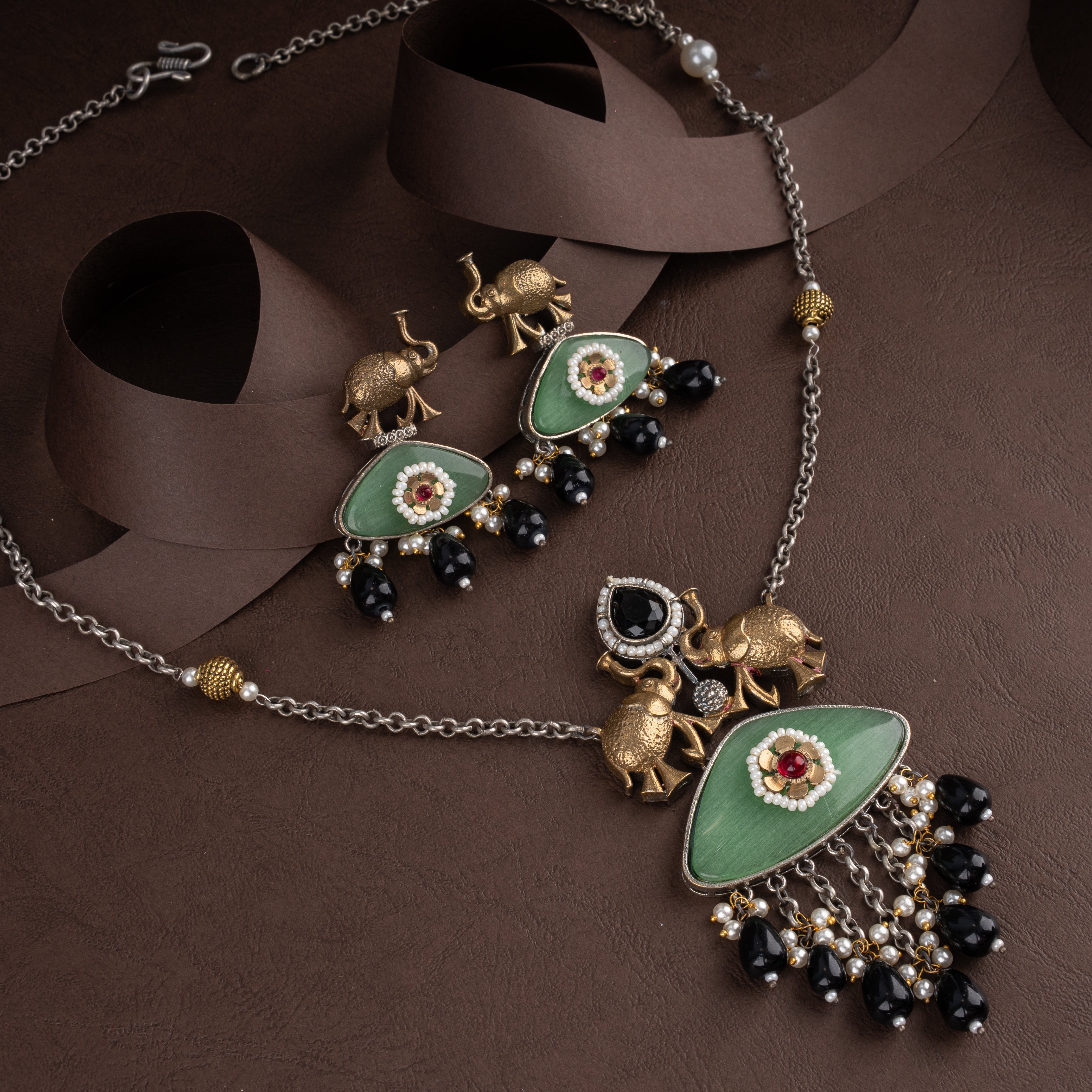 Dual-Tone Royal Elephant Pendant Necklace Set with Sage Green Plaque and Seed Pearls