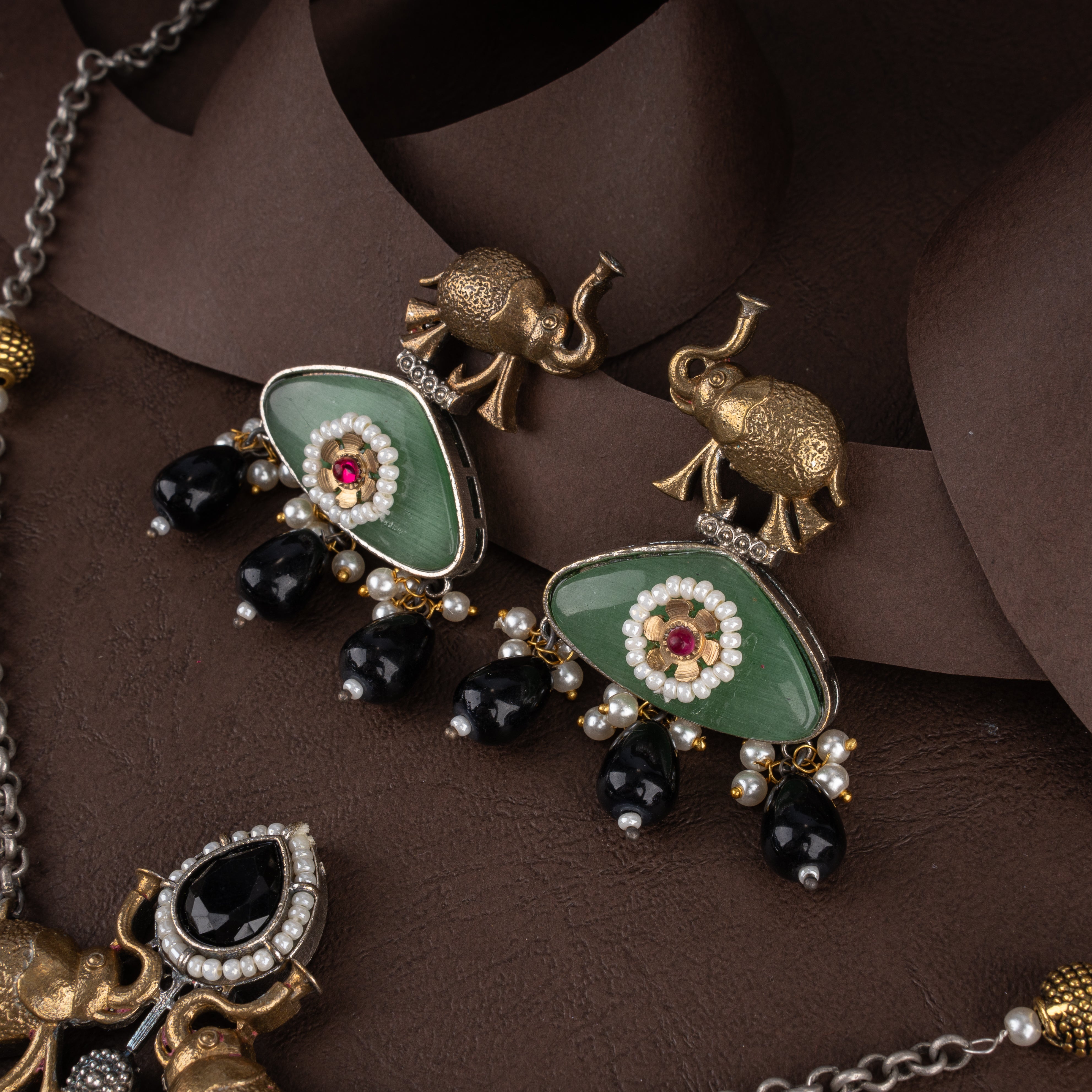 Dual-Tone Royal Elephant Pendant Necklace Set with Sage Green Plaque and Seed Pearls