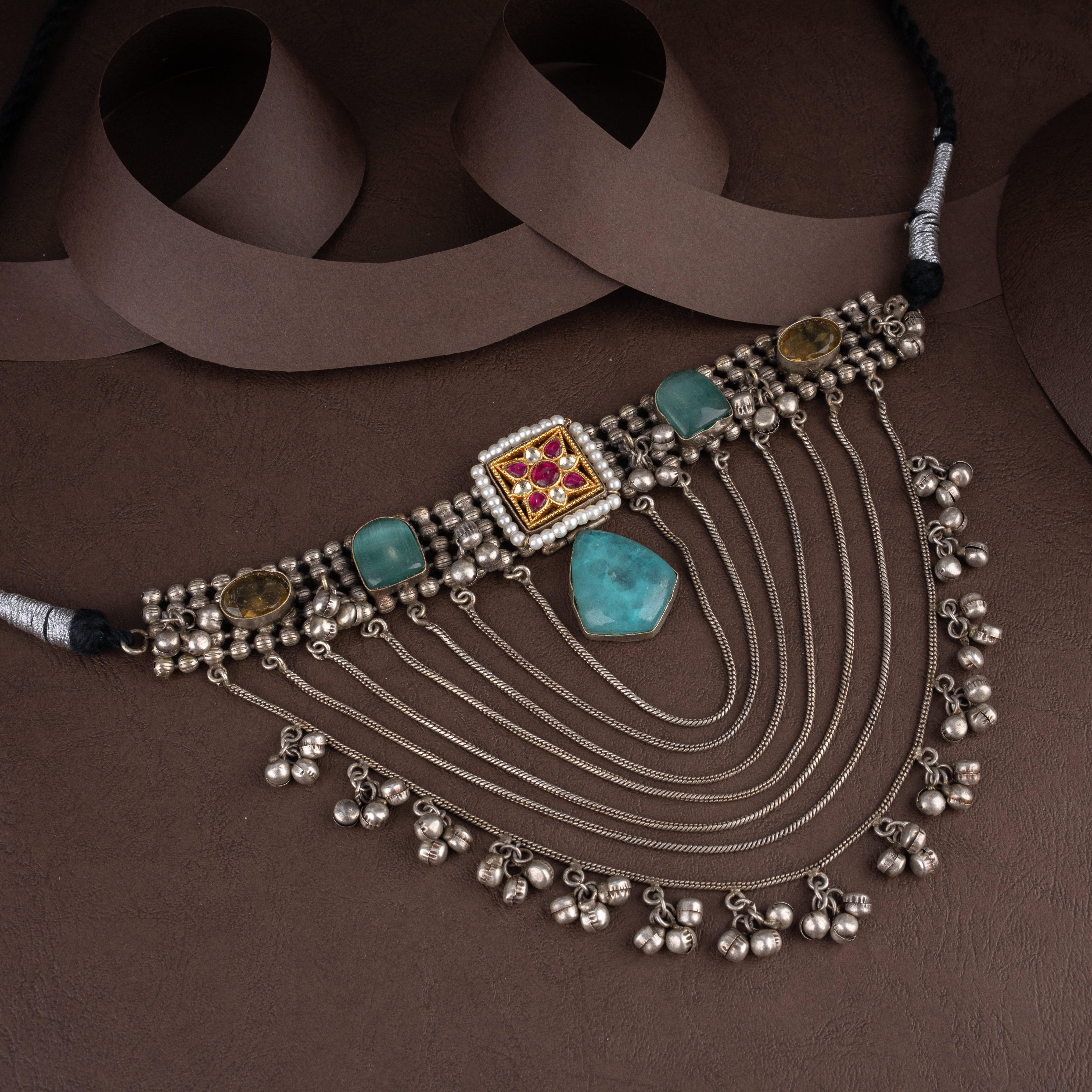 Dual-Tone Kundan Bib Choker Necklace Set with Layered Chains and Ghungroos