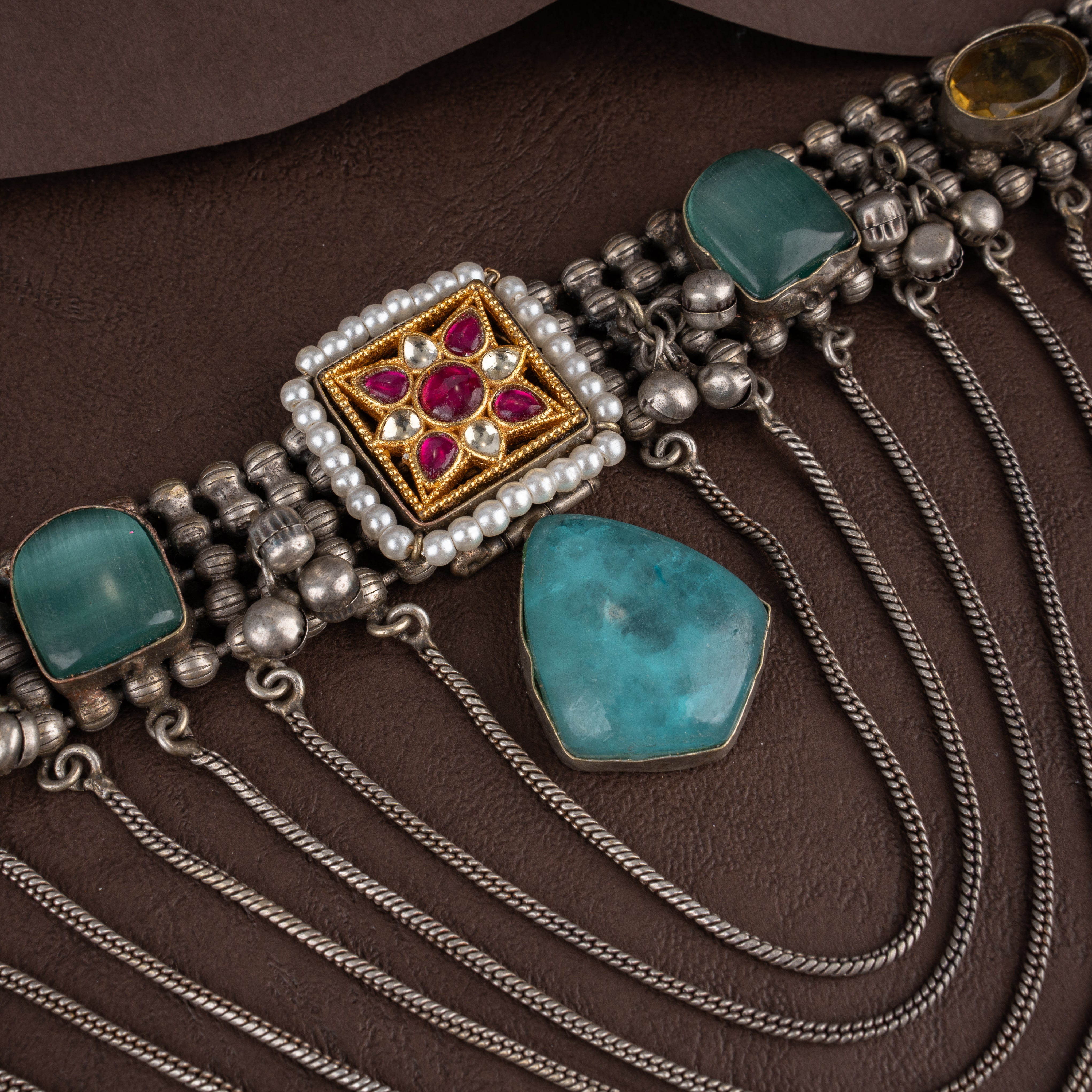 Dual-Tone Kundan Bib Choker Necklace Set with Layered Chains and Ghungroos