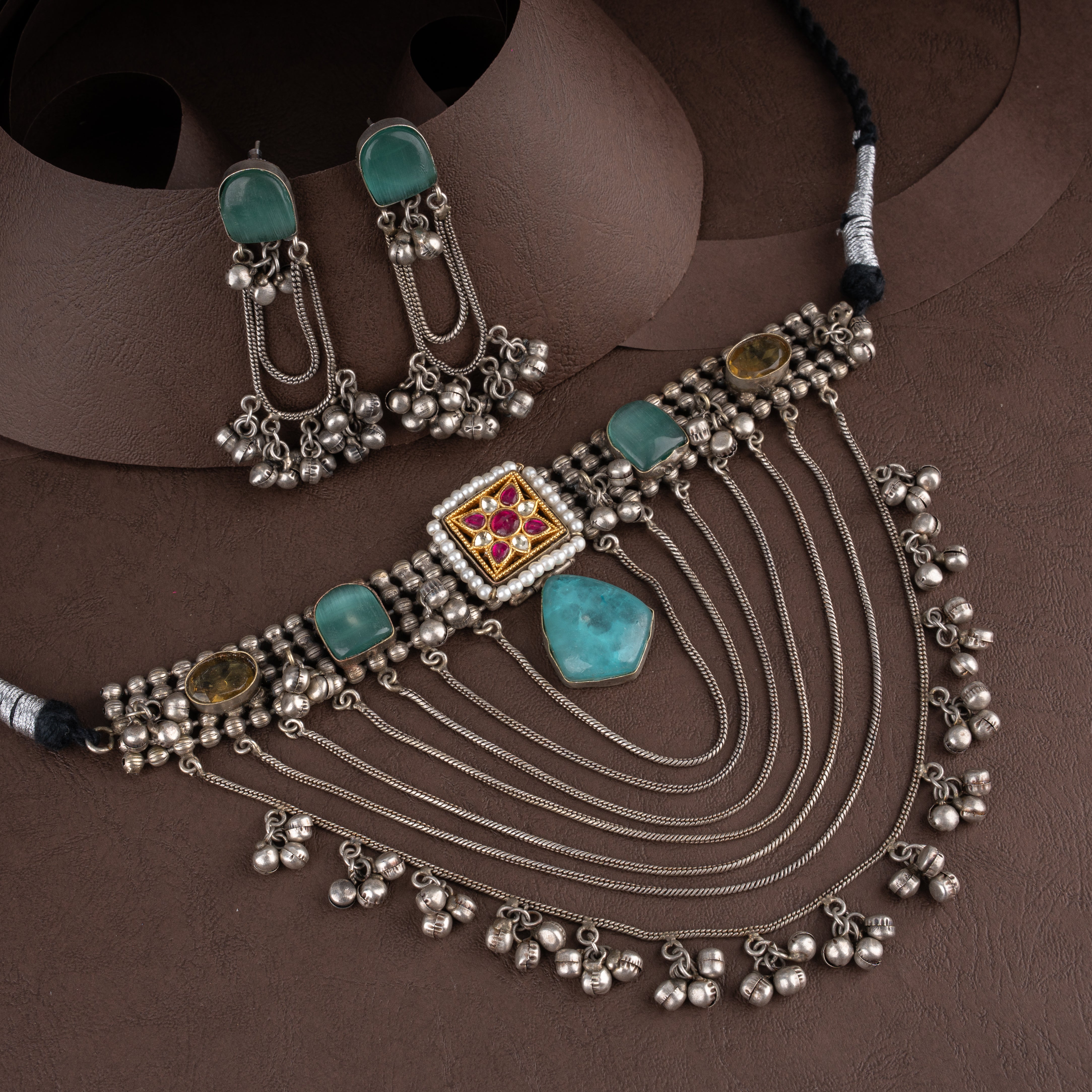 Dual-Tone Kundan Bib Choker Necklace Set with Layered Chains and Ghungroos