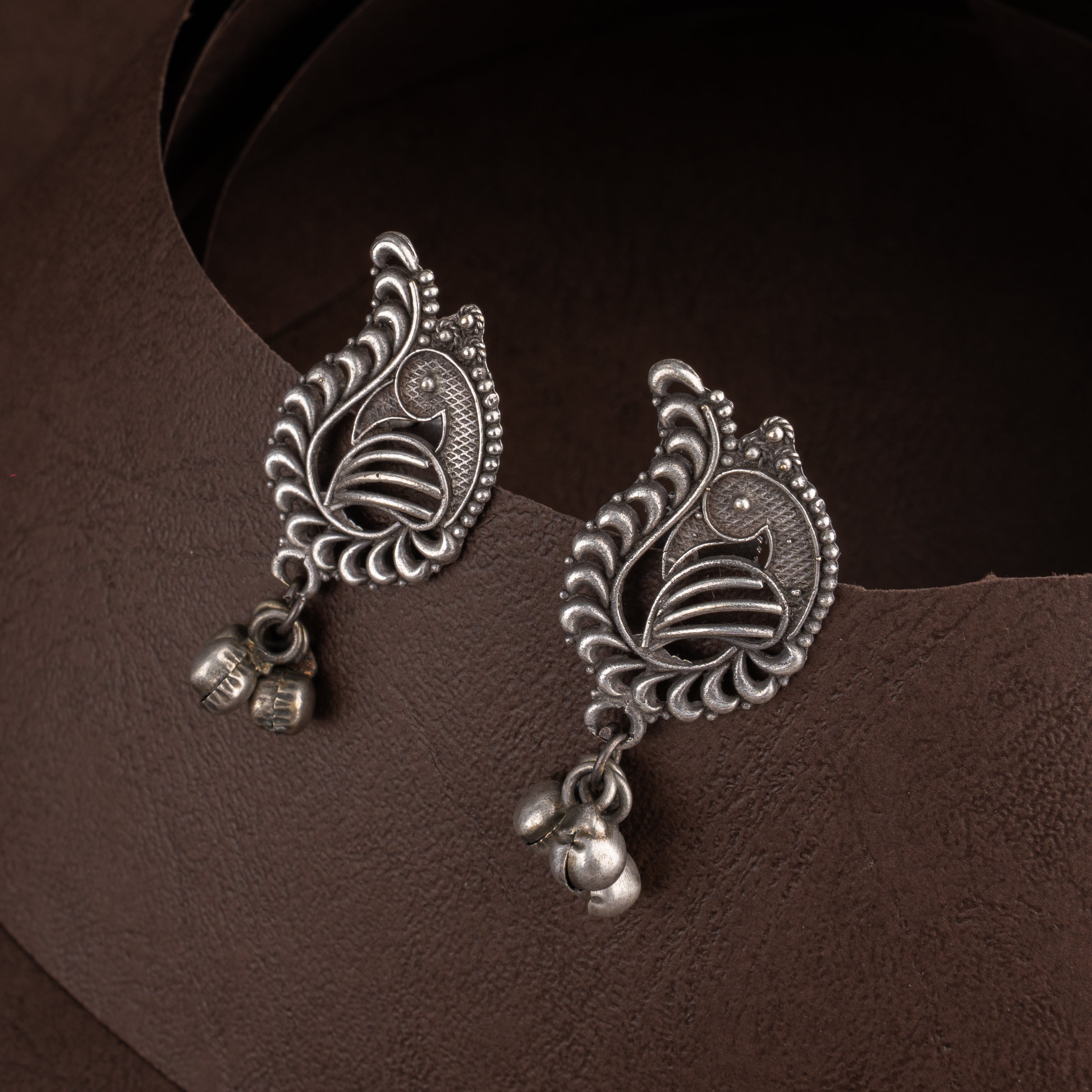 Oxidised Tribal Wide Mesh Choker Necklace Set with Ghungroo Bell Fringe, and Peacock Drop Earrings